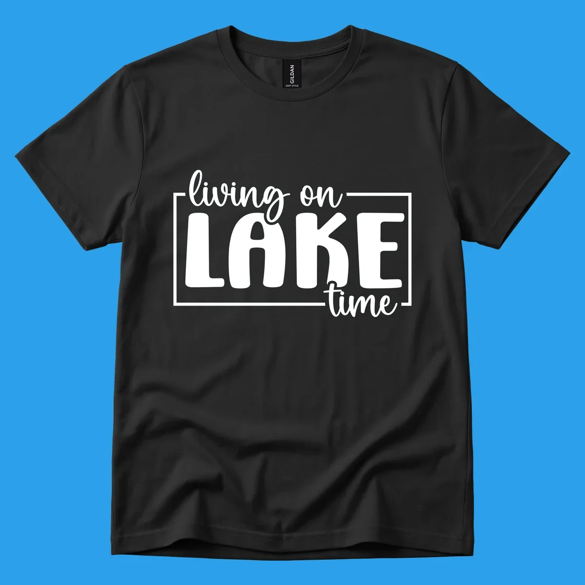 Living on lake time typography design with white text on dark background.