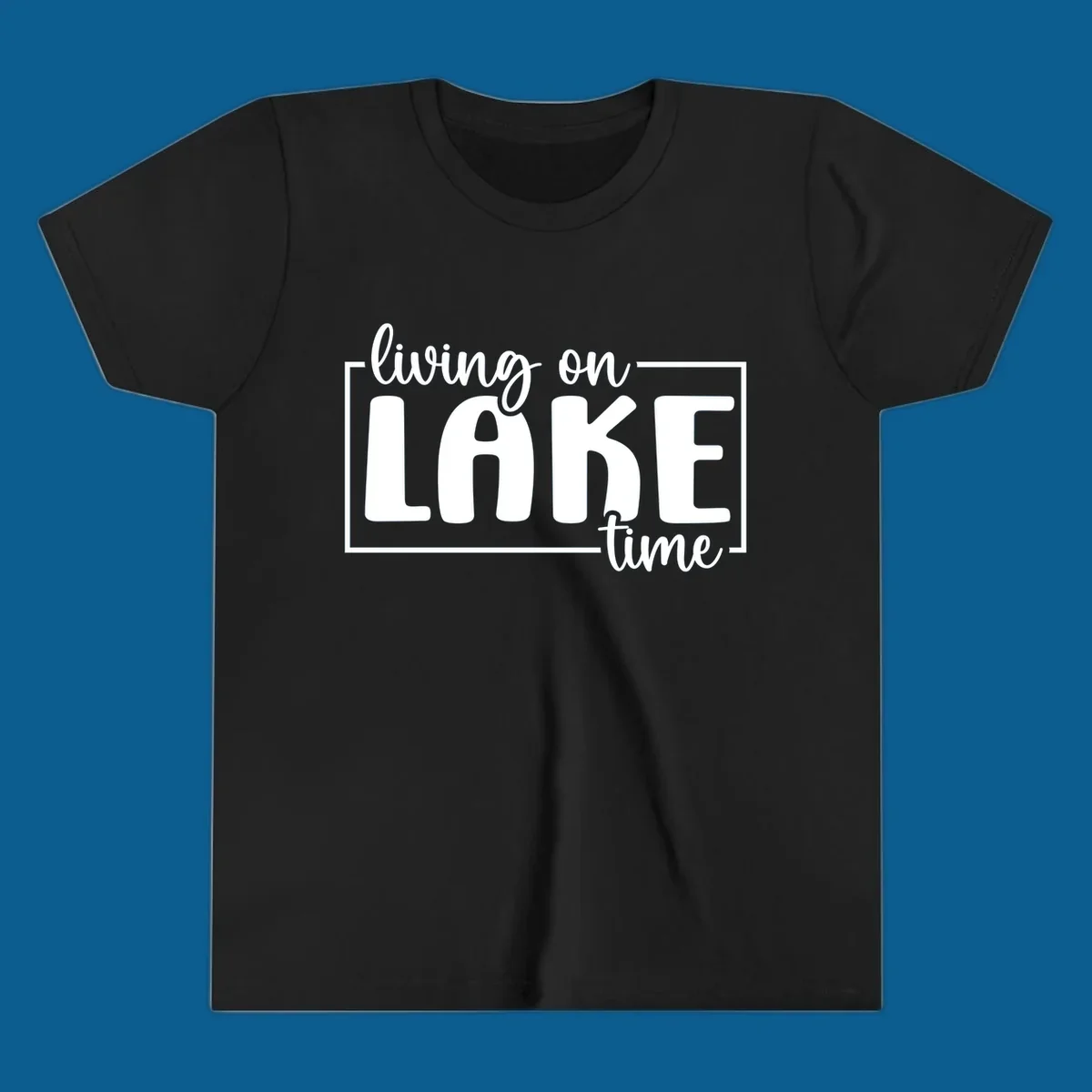 Living on lake time typography design with white text on dark background.