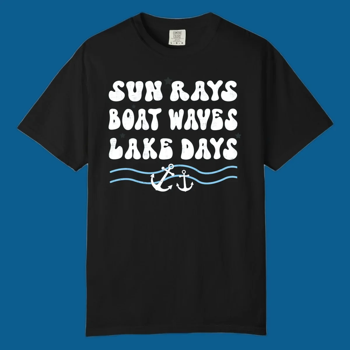 Lake life vibes text with sun rays, boat waves, lake days, anchors, and waves.
