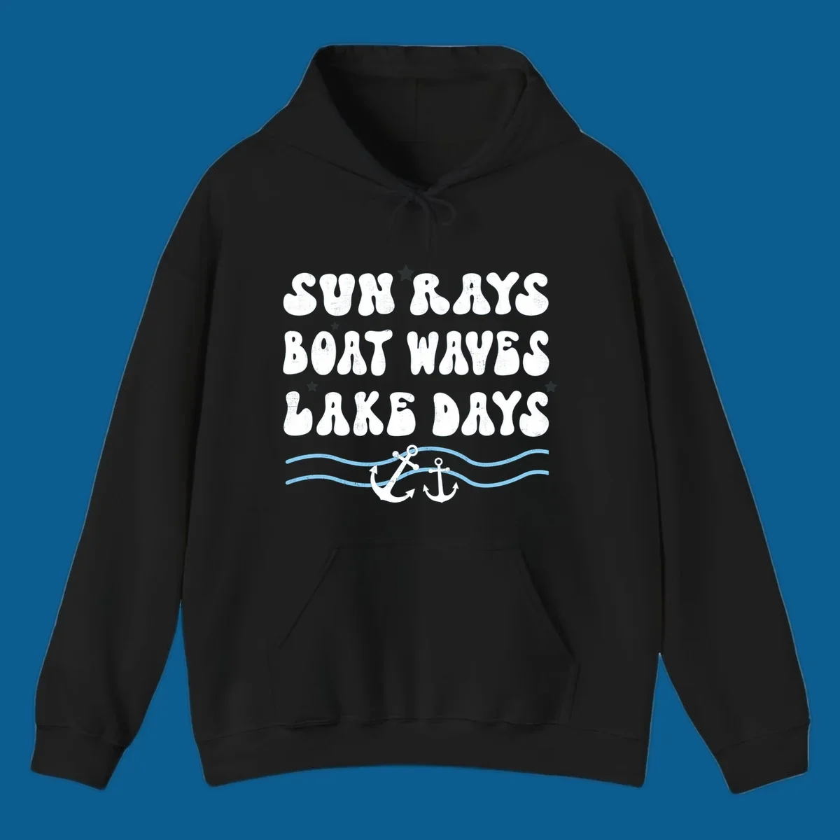 Lake life vibes text with sun rays, boat waves, lake days, anchors, and waves.