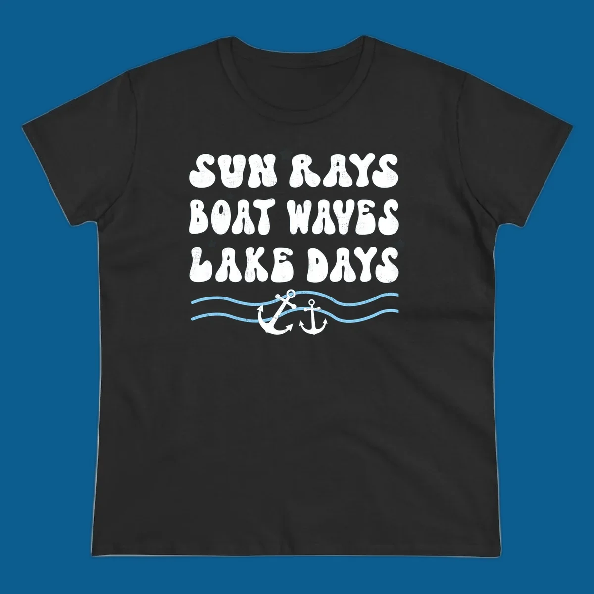 Lake life vibes text with sun rays, boat waves, lake days, anchors, and waves.