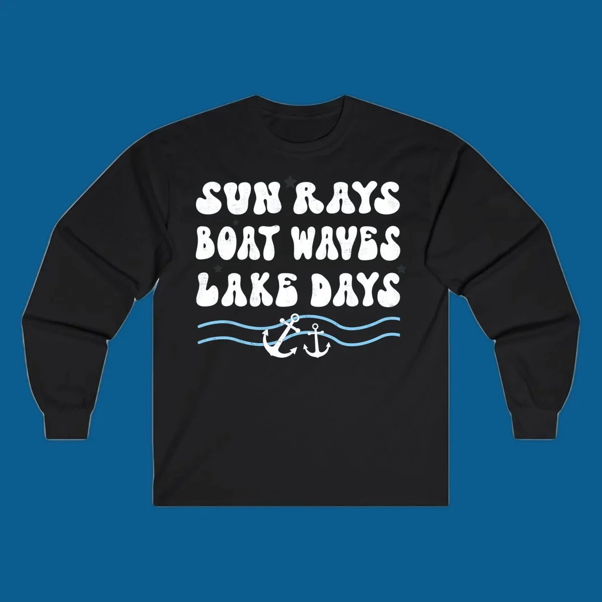 Lake life vibes text with sun rays, boat waves, lake days, anchors, and waves.