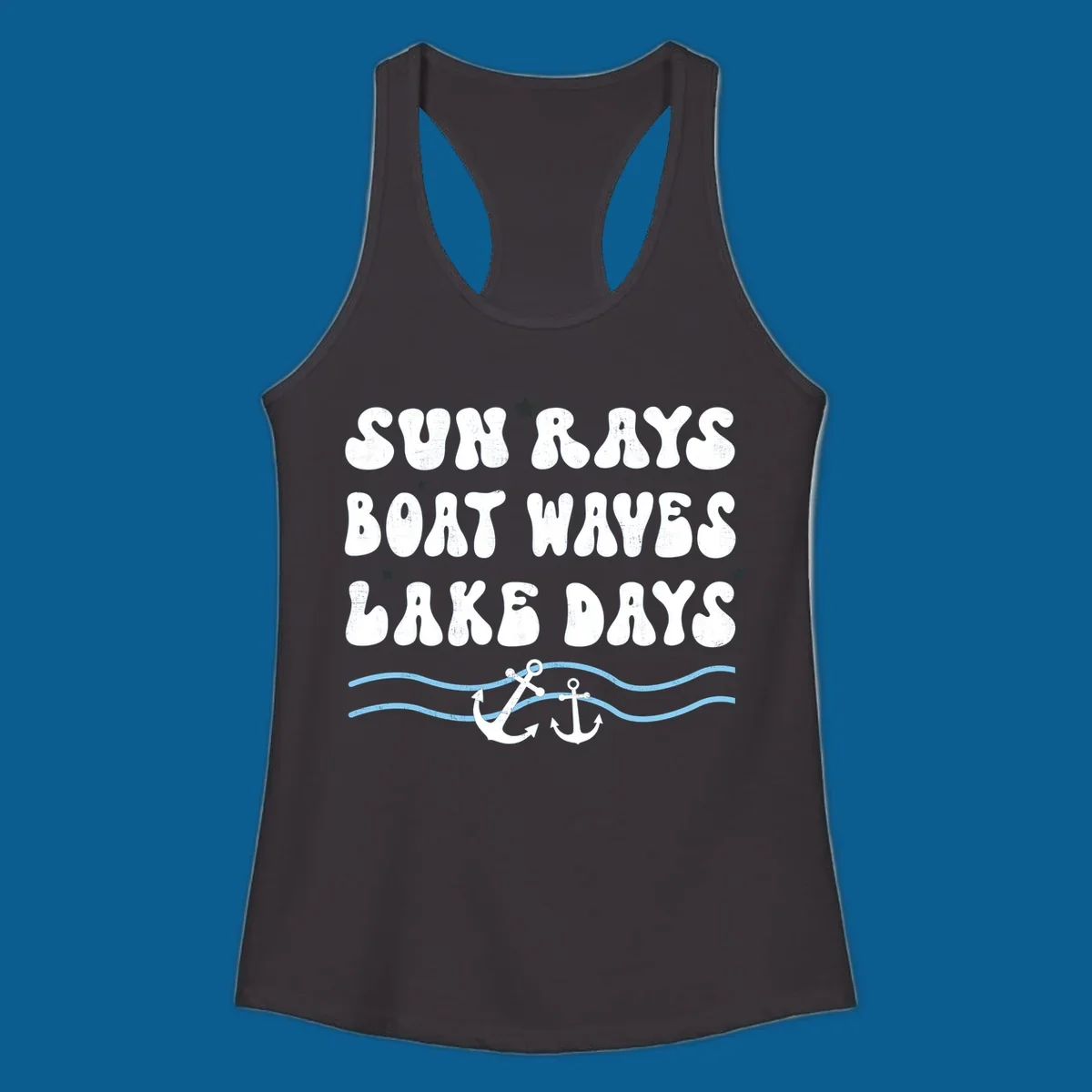 Lake life vibes text with sun rays, boat waves, lake days, anchors, and waves.