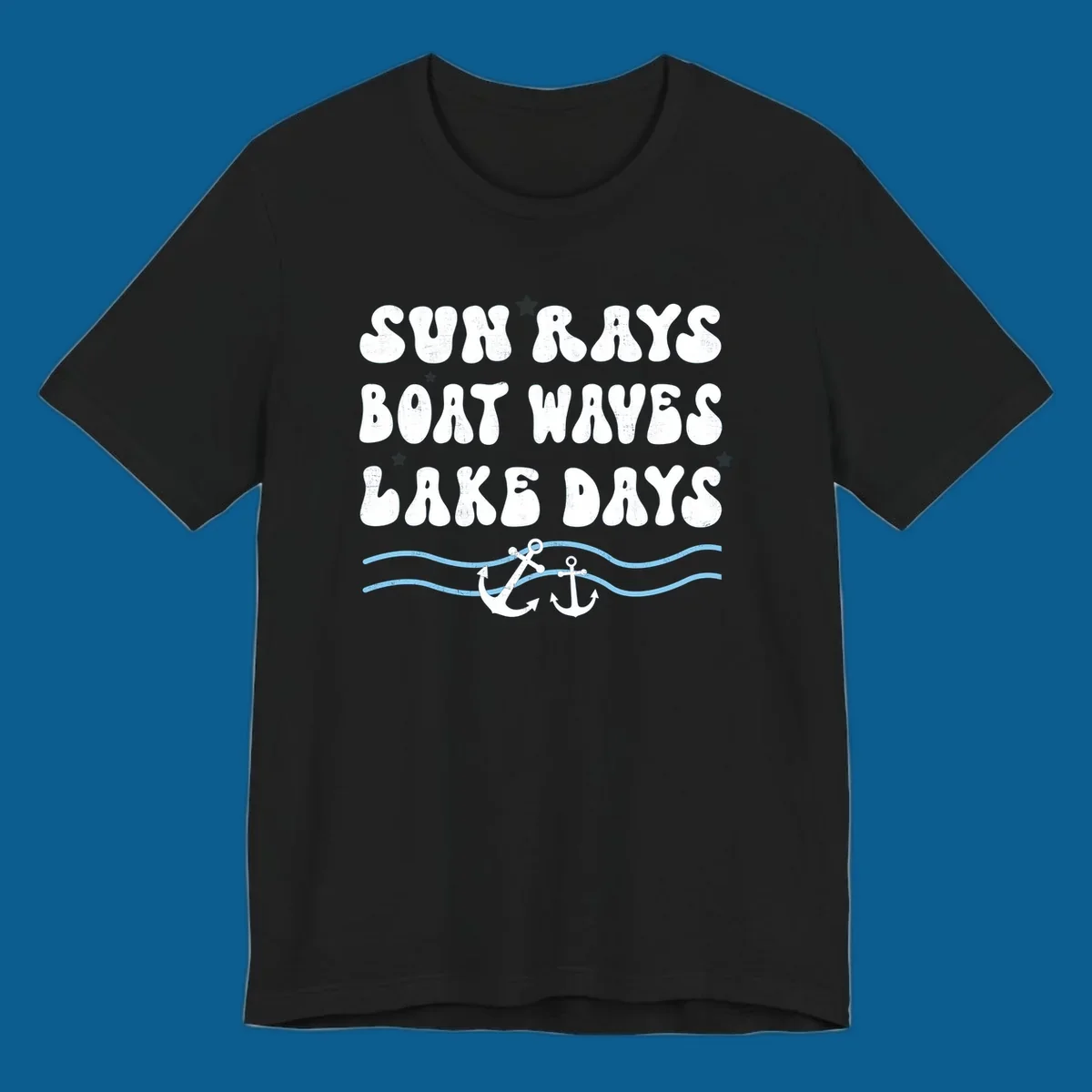 Lake life vibes text with sun rays, boat waves, lake days, anchors, and waves.