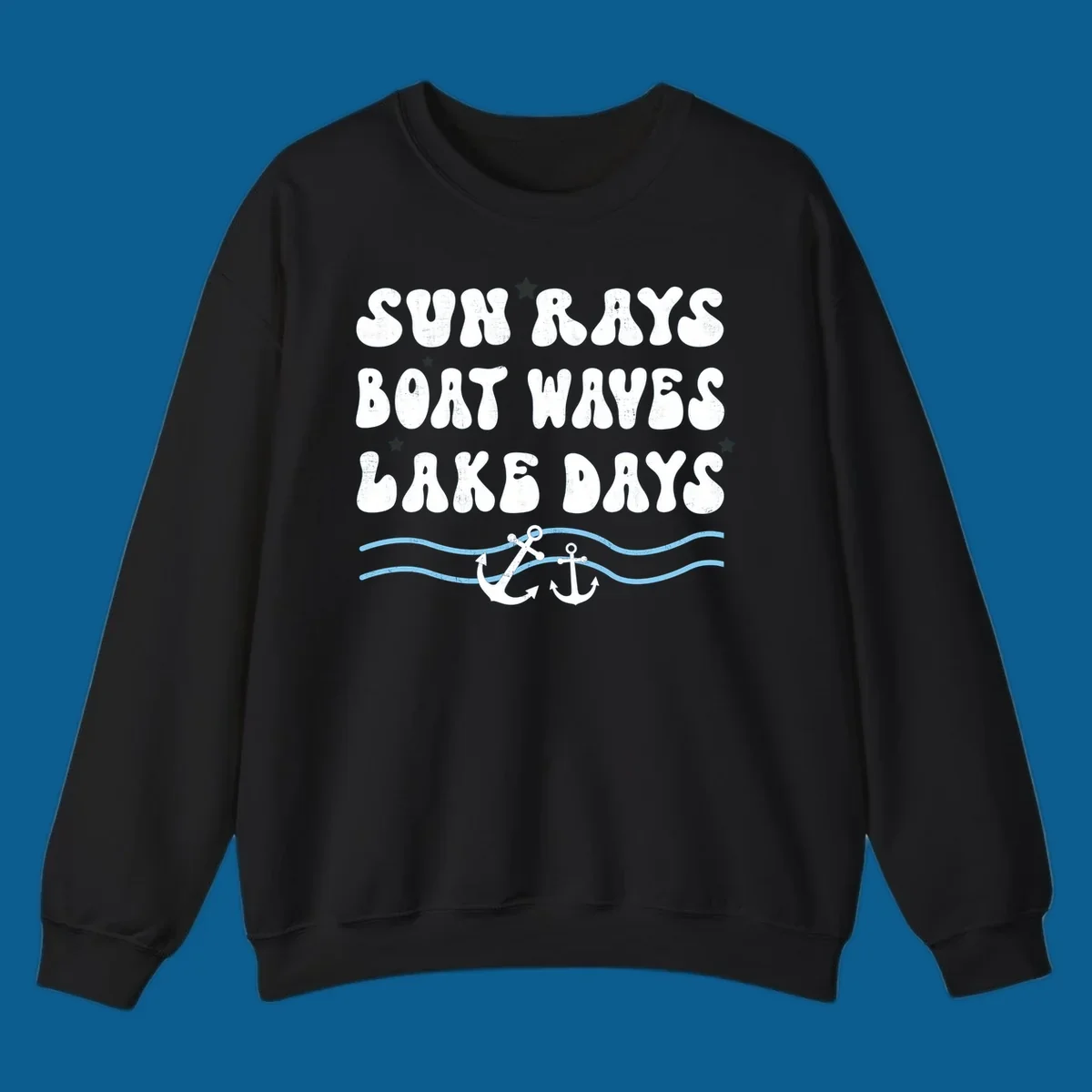 Lake life vibes text with sun rays, boat waves, lake days, anchors, and waves.