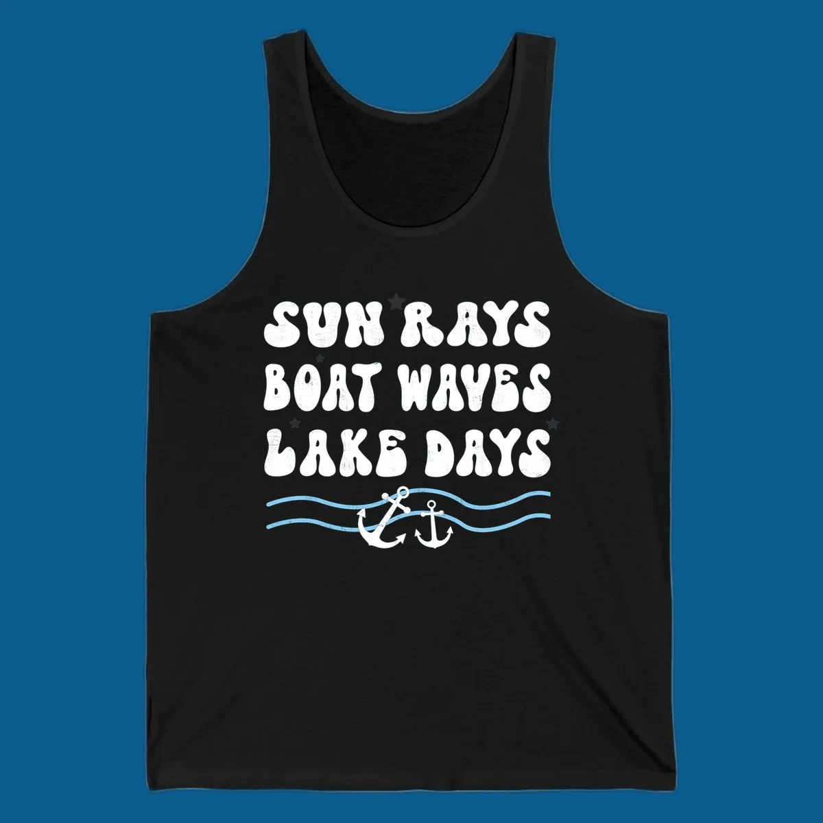 Lake life vibes text with sun rays, boat waves, lake days, anchors, and waves.
