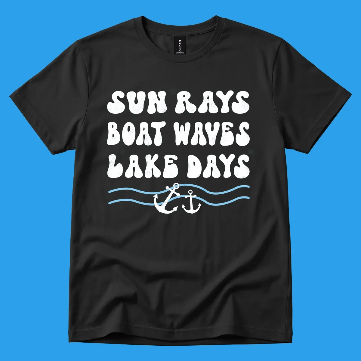 Lake life vibes text with sun rays, boat waves, lake days, anchors, and waves.