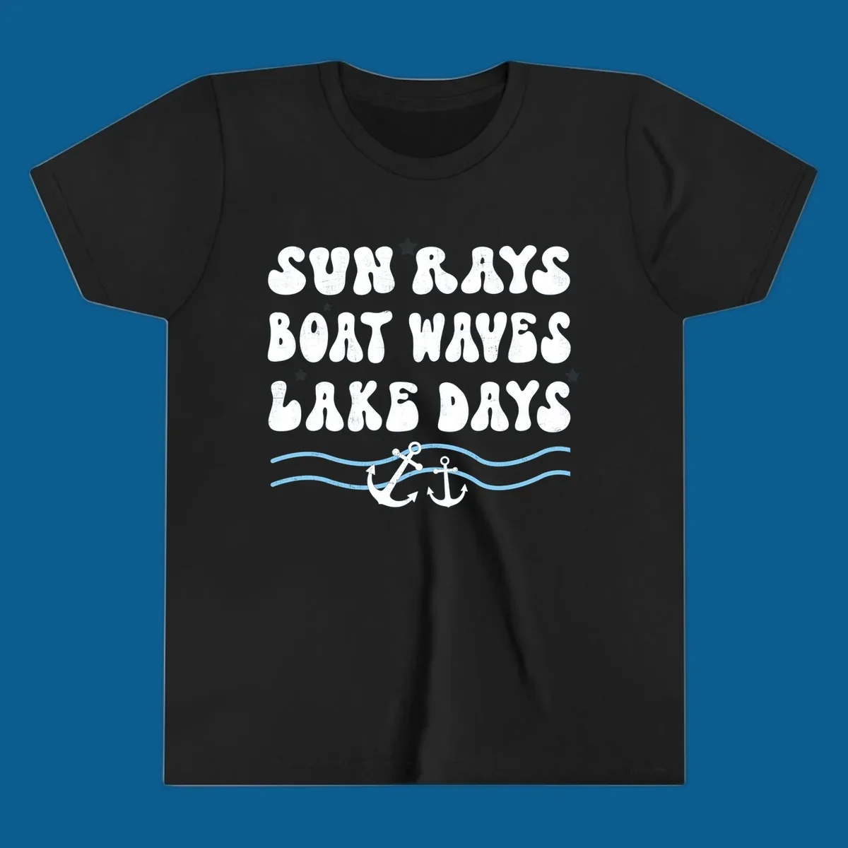 Lake life vibes text with sun rays, boat waves, lake days, anchors, and waves.