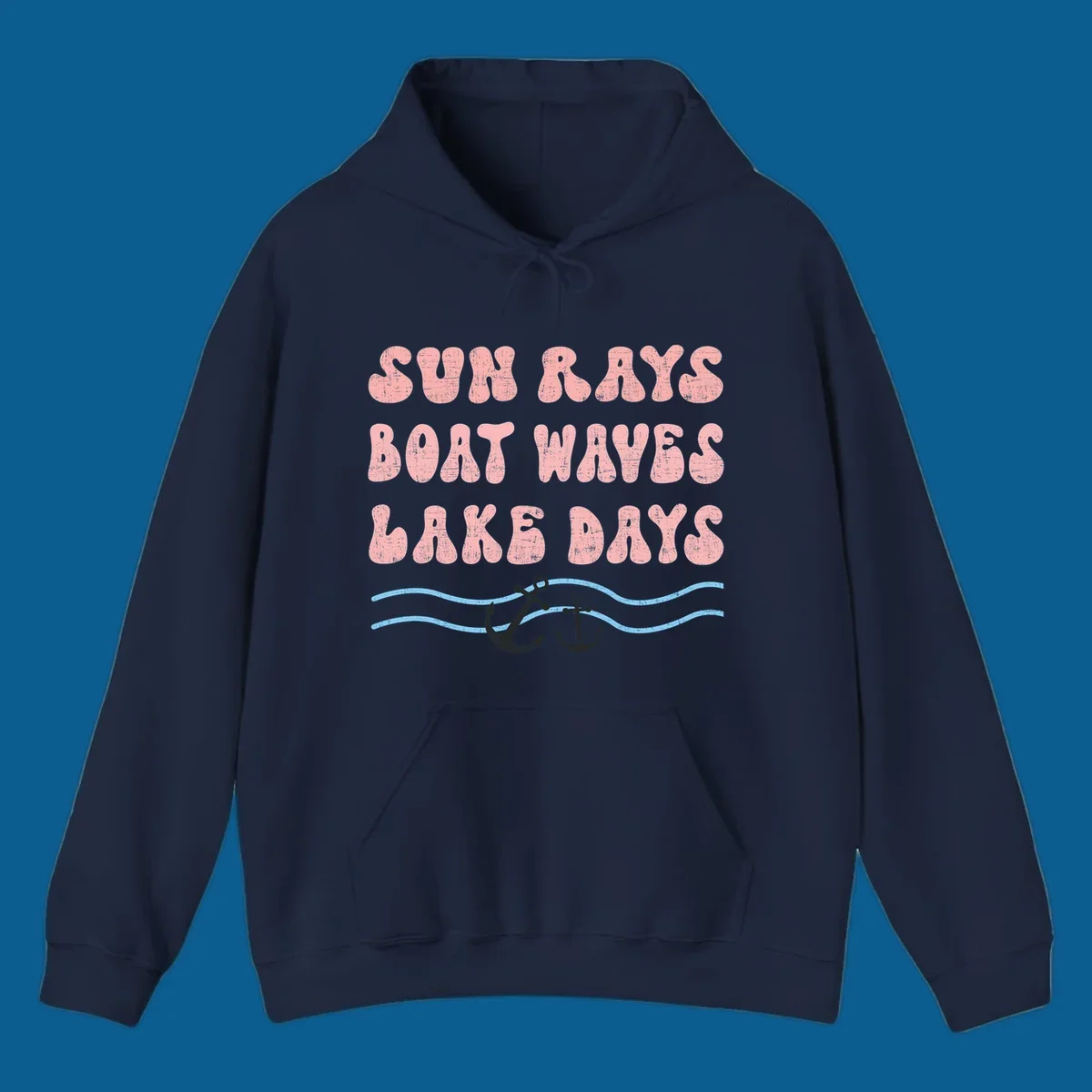 Lake days boat waves sun rays text with anchors and waves.