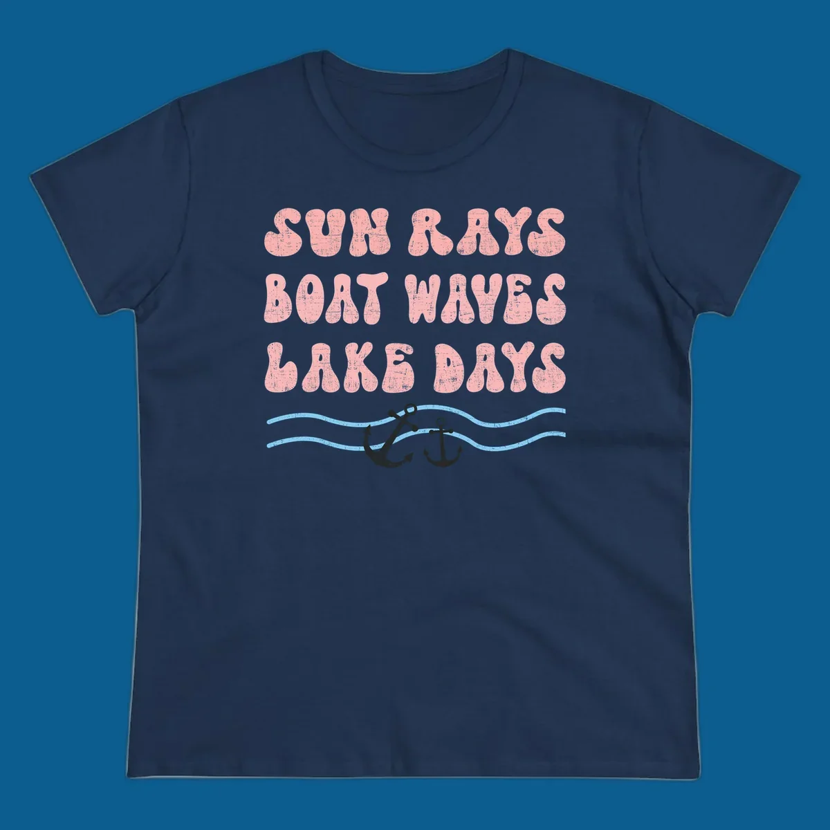 Lake days boat waves sun rays text with anchors and waves.