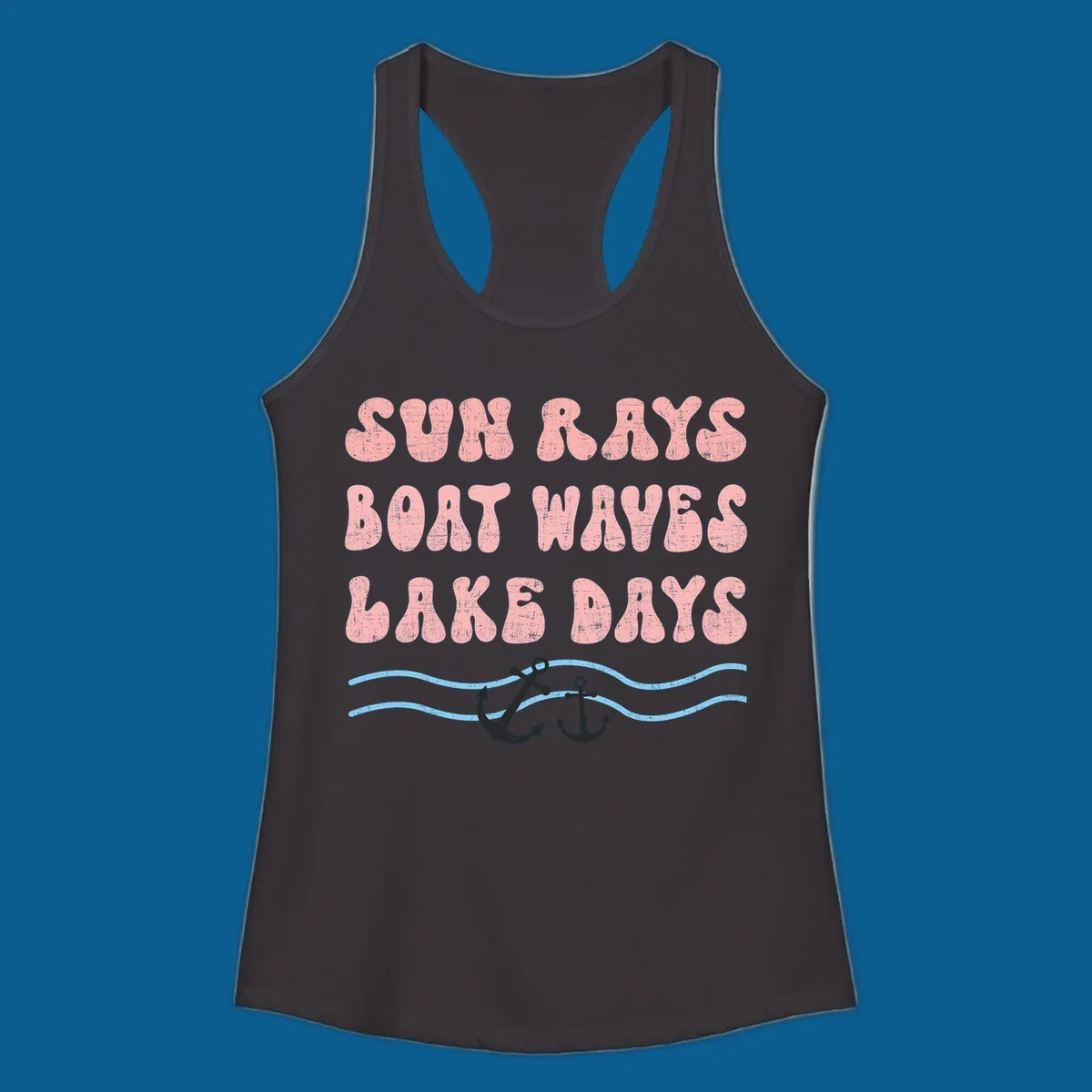 Lake days boat waves sun rays text with anchors and waves.