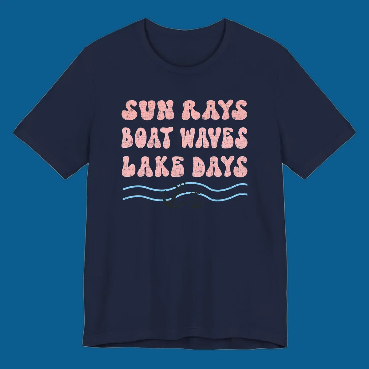 Lake days boat waves sun rays text with anchors and waves.