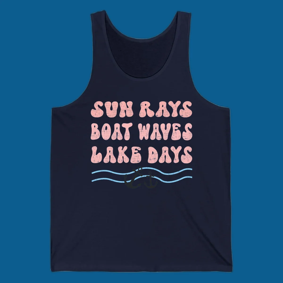 Lake days boat waves sun rays text with anchors and waves.