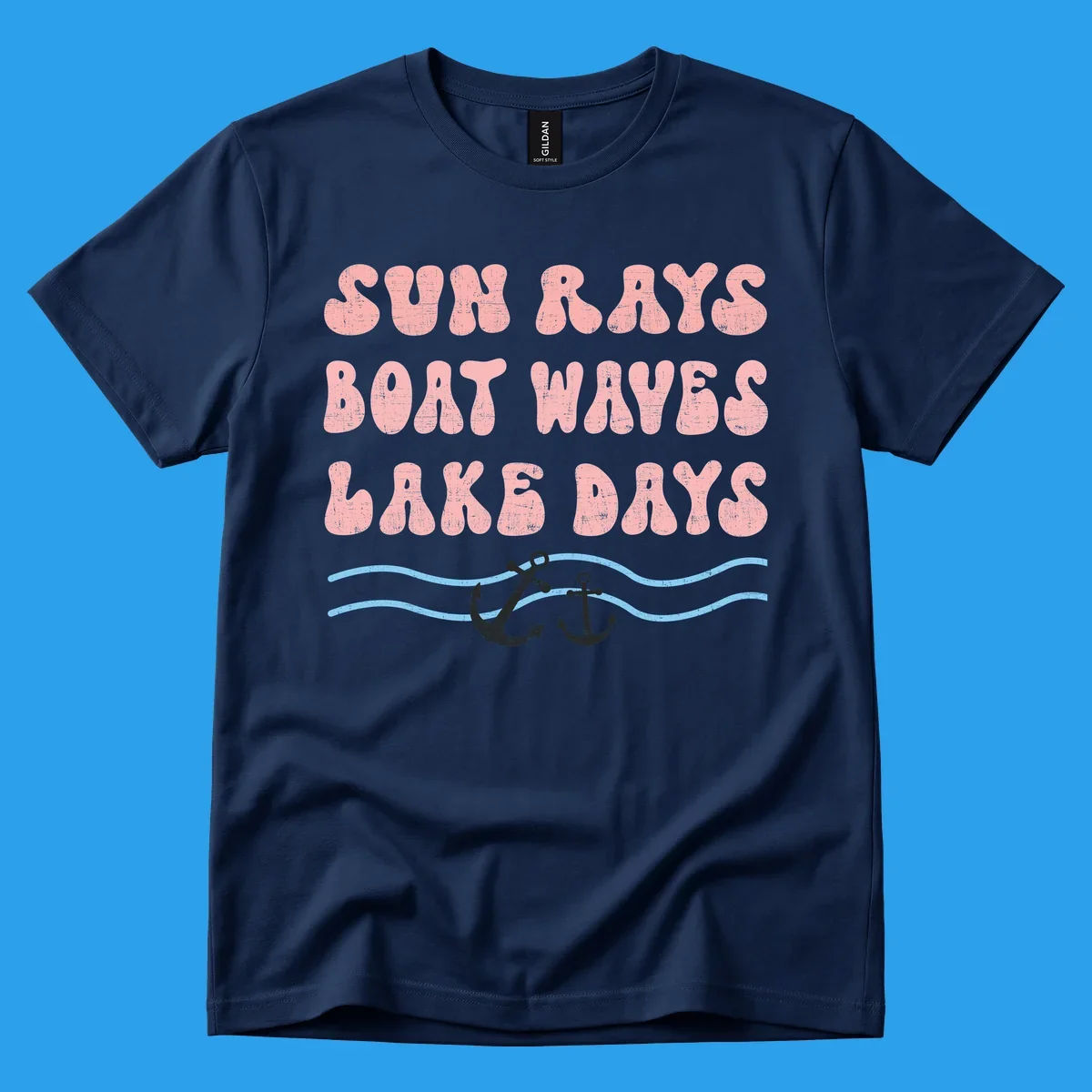 Lake days boat waves sun rays text with anchors and waves.