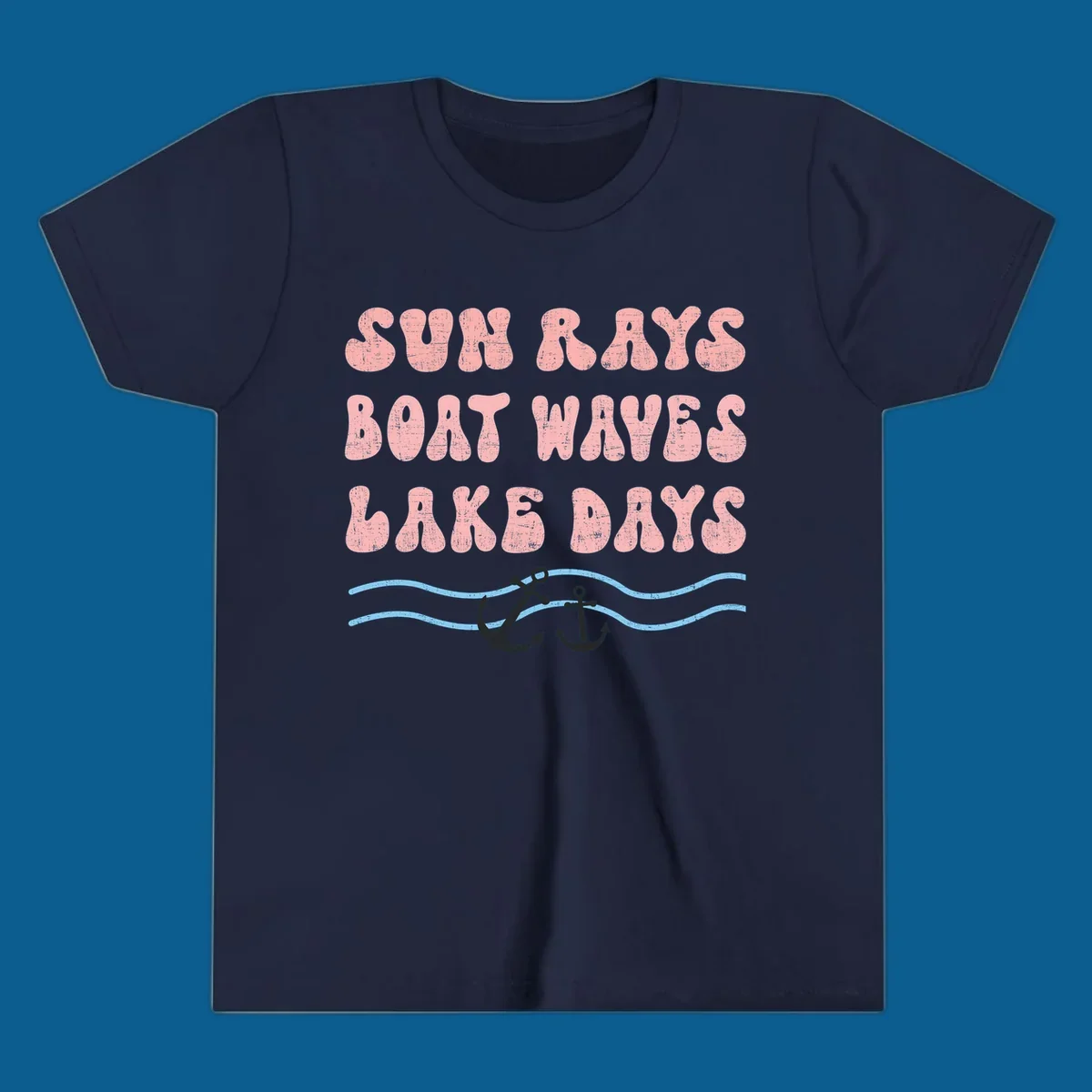 Lake days boat waves sun rays text with anchors and waves.