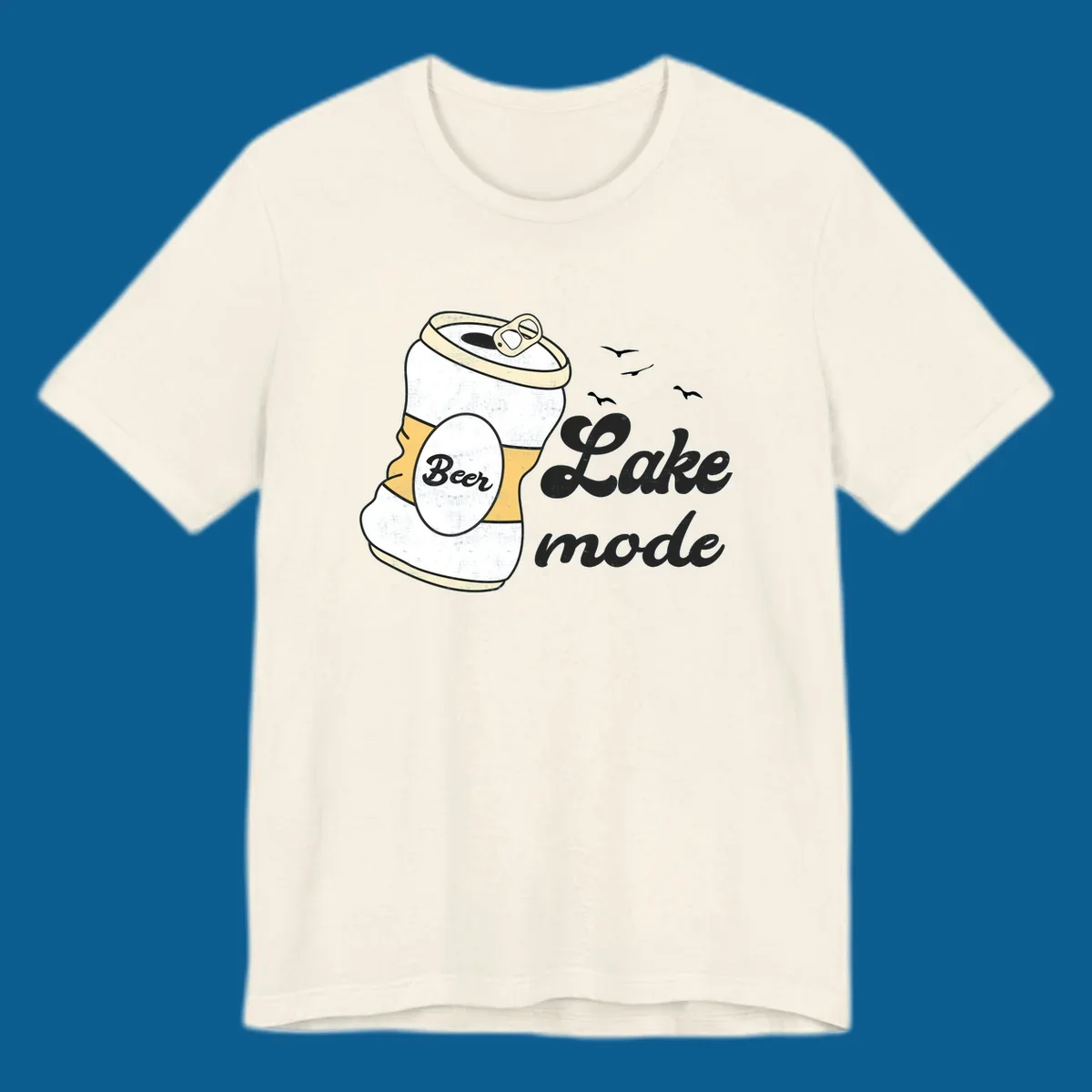 Crushed beer can and 'Lake mode' text with birds, lake-mode-beer concept