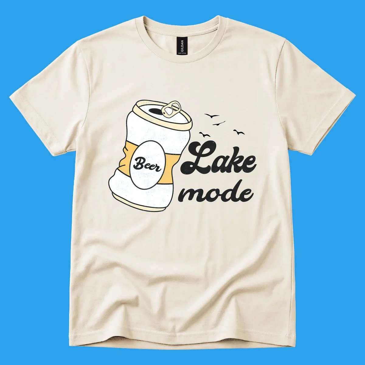 Crushed beer can and 'Lake mode' text with birds, lake-mode-beer concept