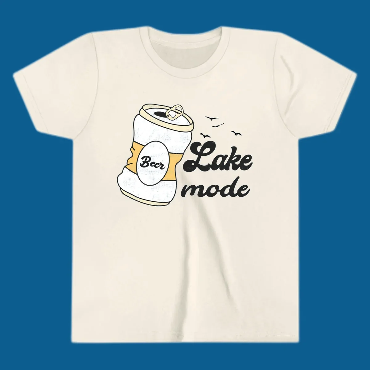 Crushed beer can and 'Lake mode' text with birds, lake-mode-beer concept