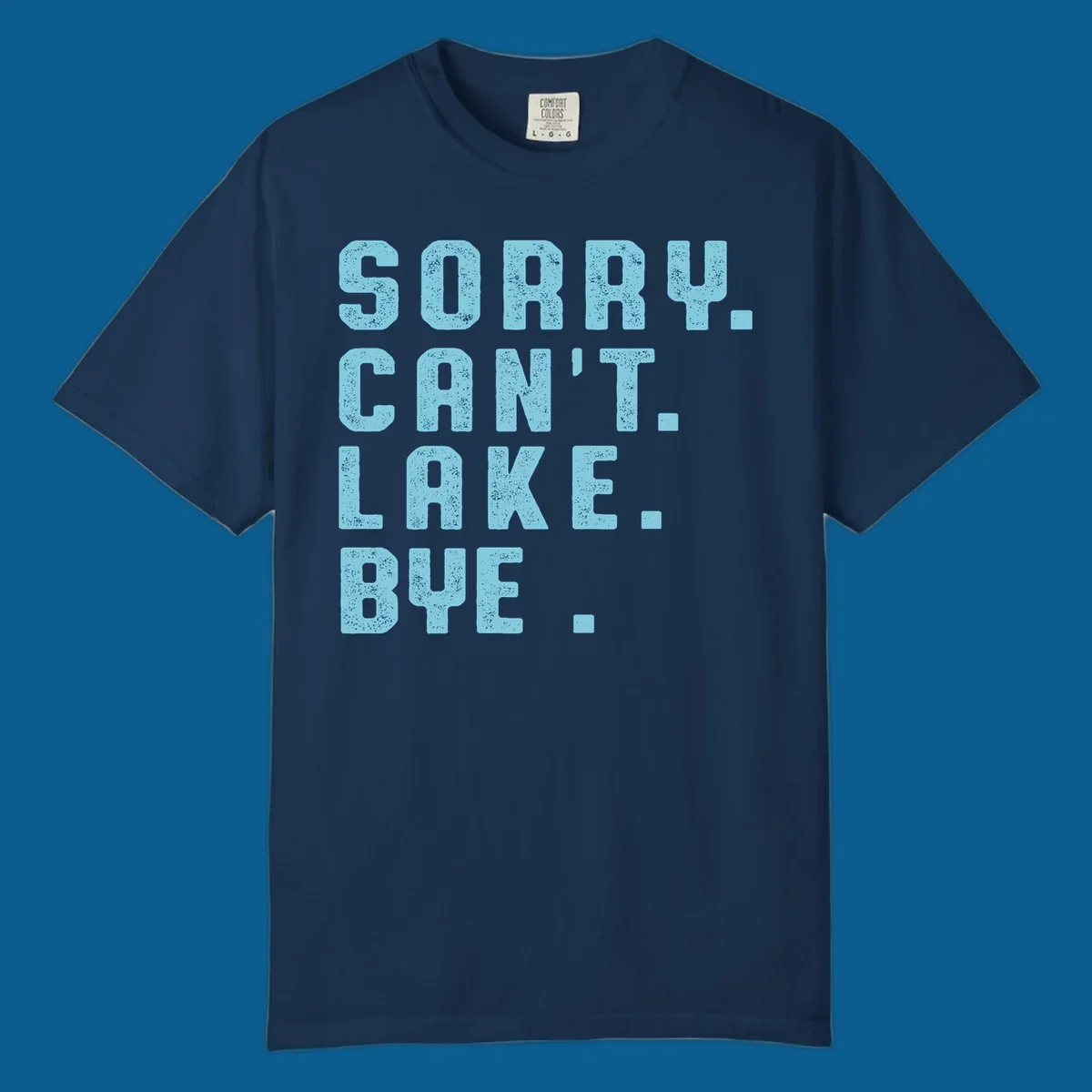 Text art with 'SORRY. CAN'T. LAKE. BYE.' in distressed light blue font, representing the lake-life-bye concept.