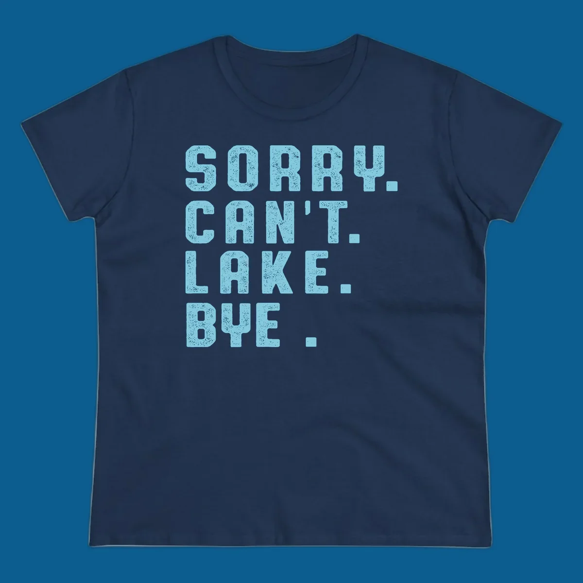 Text art with 'SORRY. CAN'T. LAKE. BYE.' in distressed light blue font, representing the lake-life-bye concept.