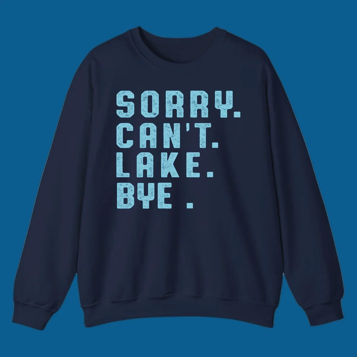 Text art with 'SORRY. CAN'T. LAKE. BYE.' in distressed light blue font, representing the lake-life-bye concept.