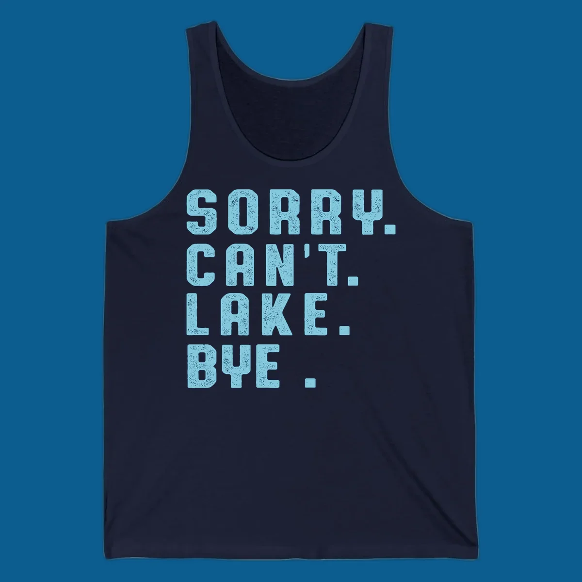 Text art with 'SORRY. CAN'T. LAKE. BYE.' in distressed light blue font, representing the lake-life-bye concept.