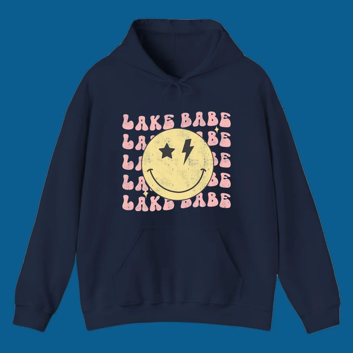 Retro lake babe smiley face graphic with groovy text.