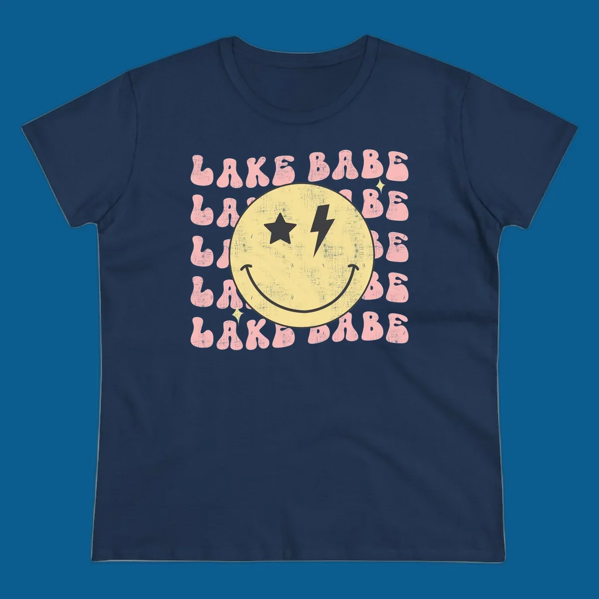 Retro lake babe smiley face graphic with groovy text.