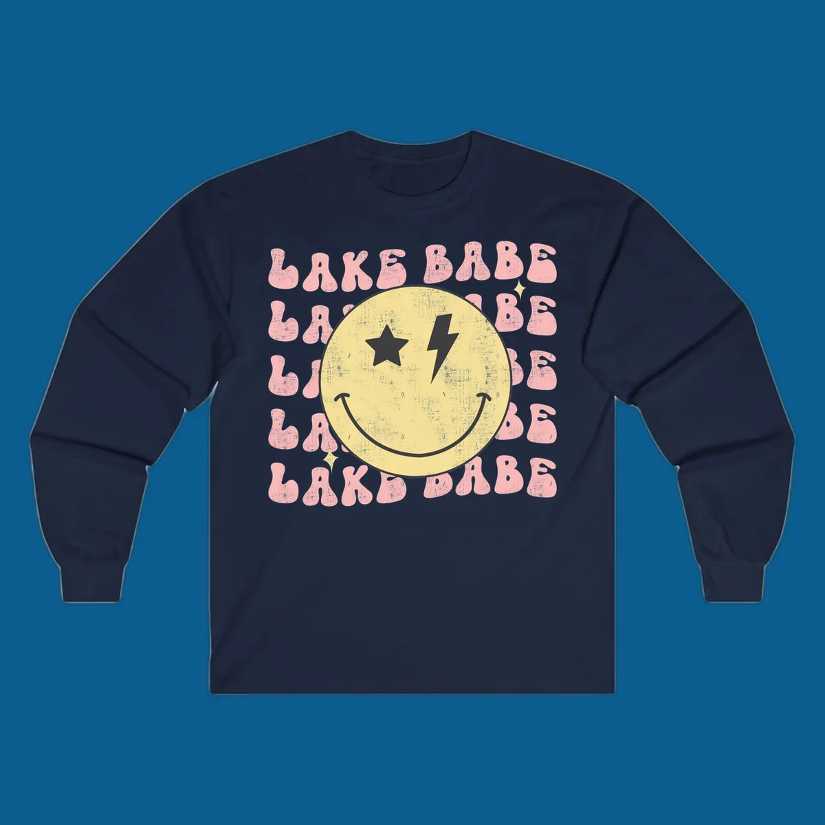 Retro lake babe smiley face graphic with groovy text.