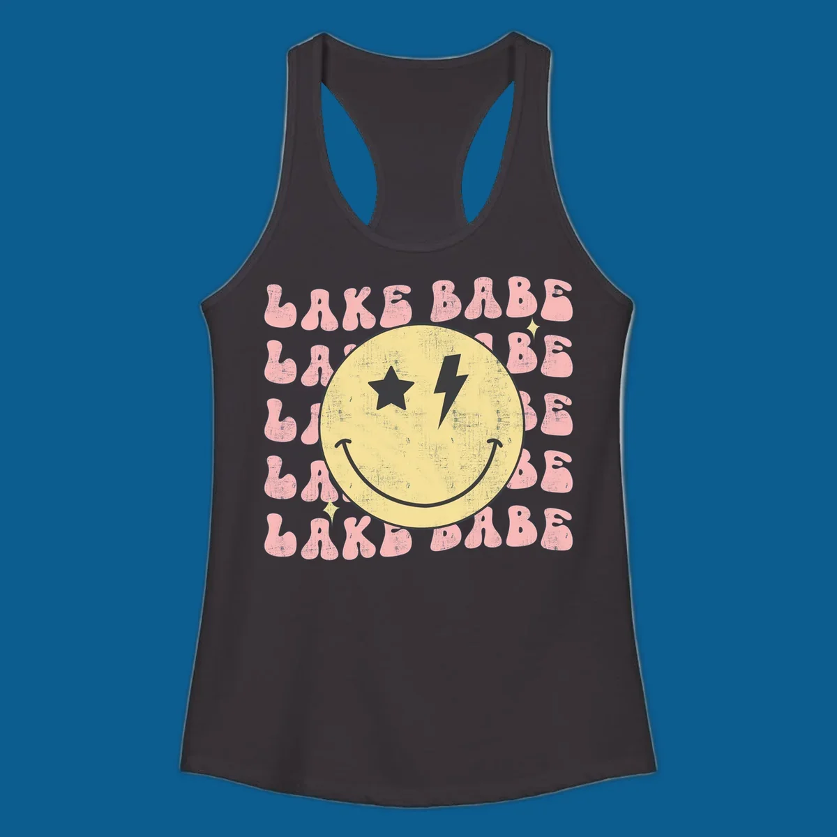 Retro lake babe smiley face graphic with groovy text.