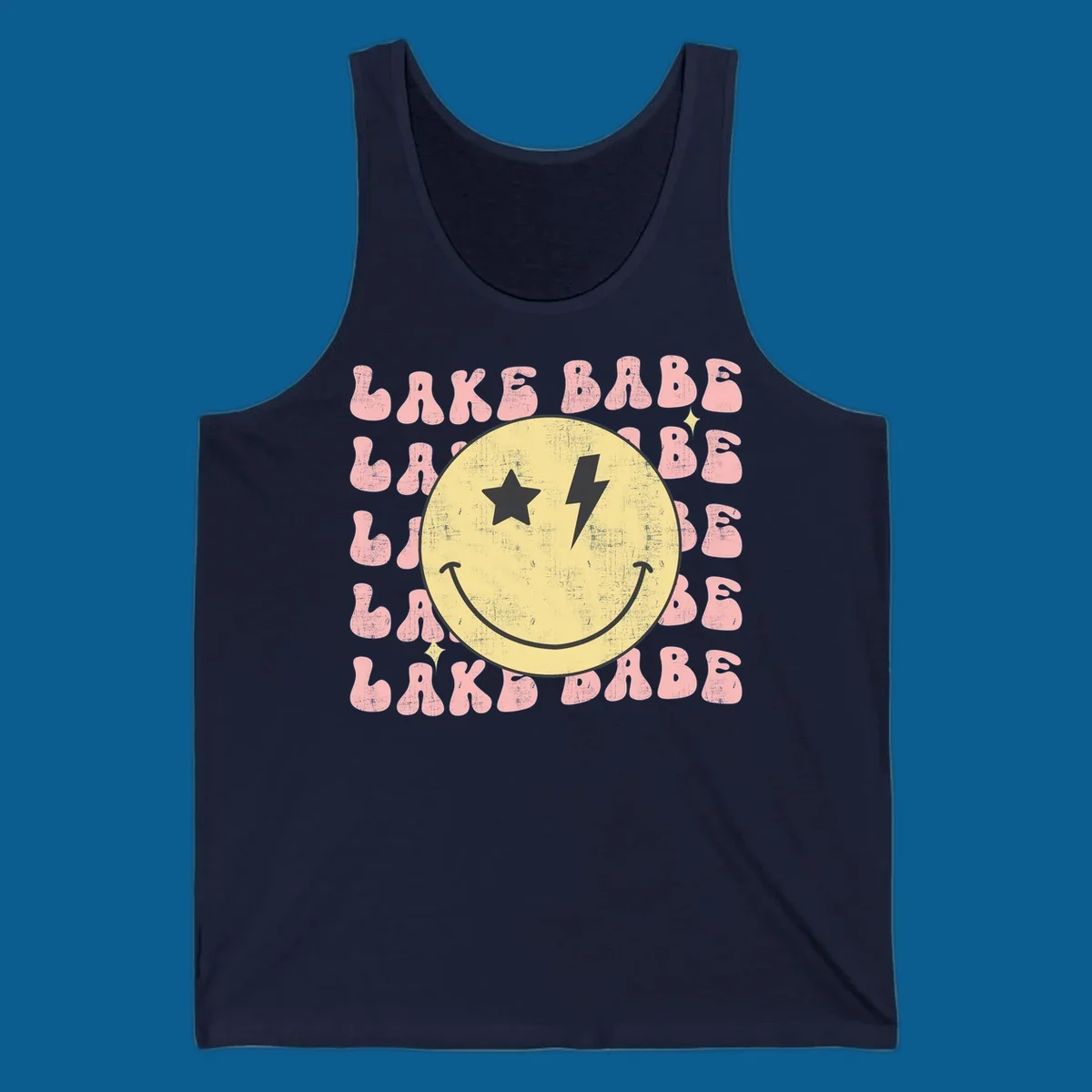 Retro lake babe smiley face graphic with groovy text.