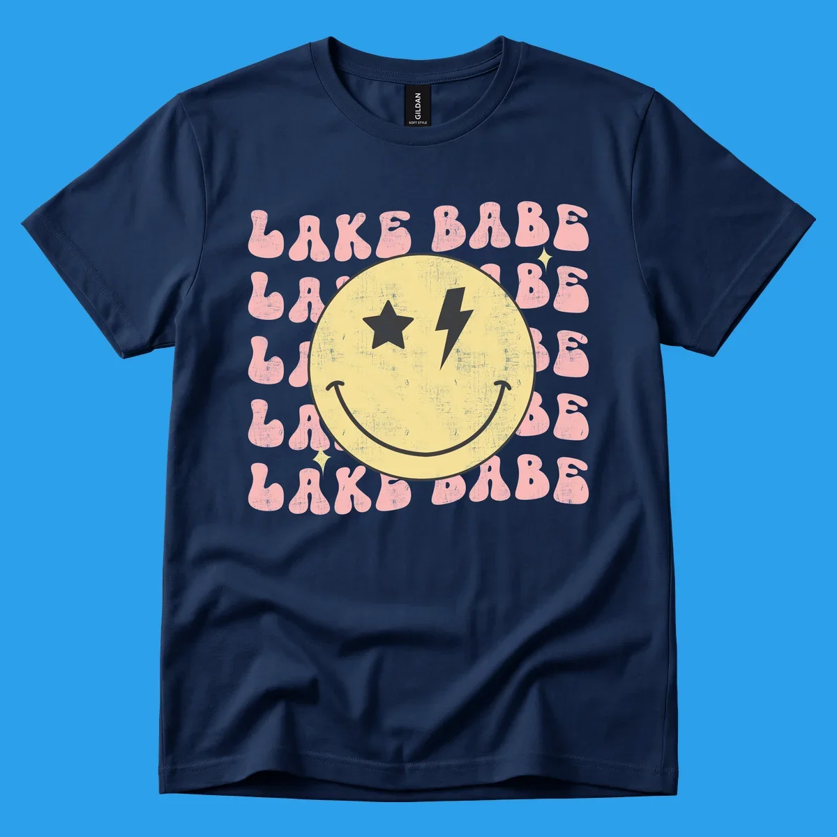 Retro lake babe smiley face graphic with groovy text.