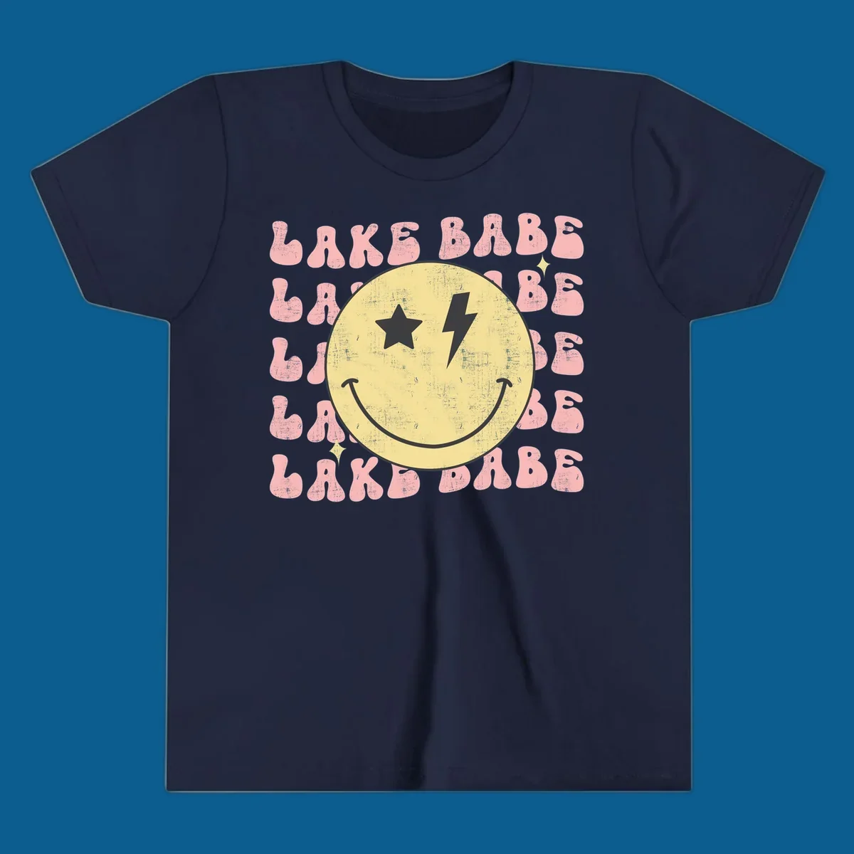 Retro lake babe smiley face graphic with groovy text.