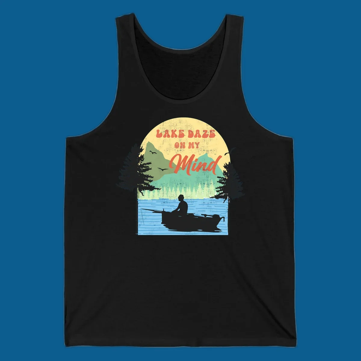 Lake daze fishing design featuring a person in a boat on a lake with trees and mountains.