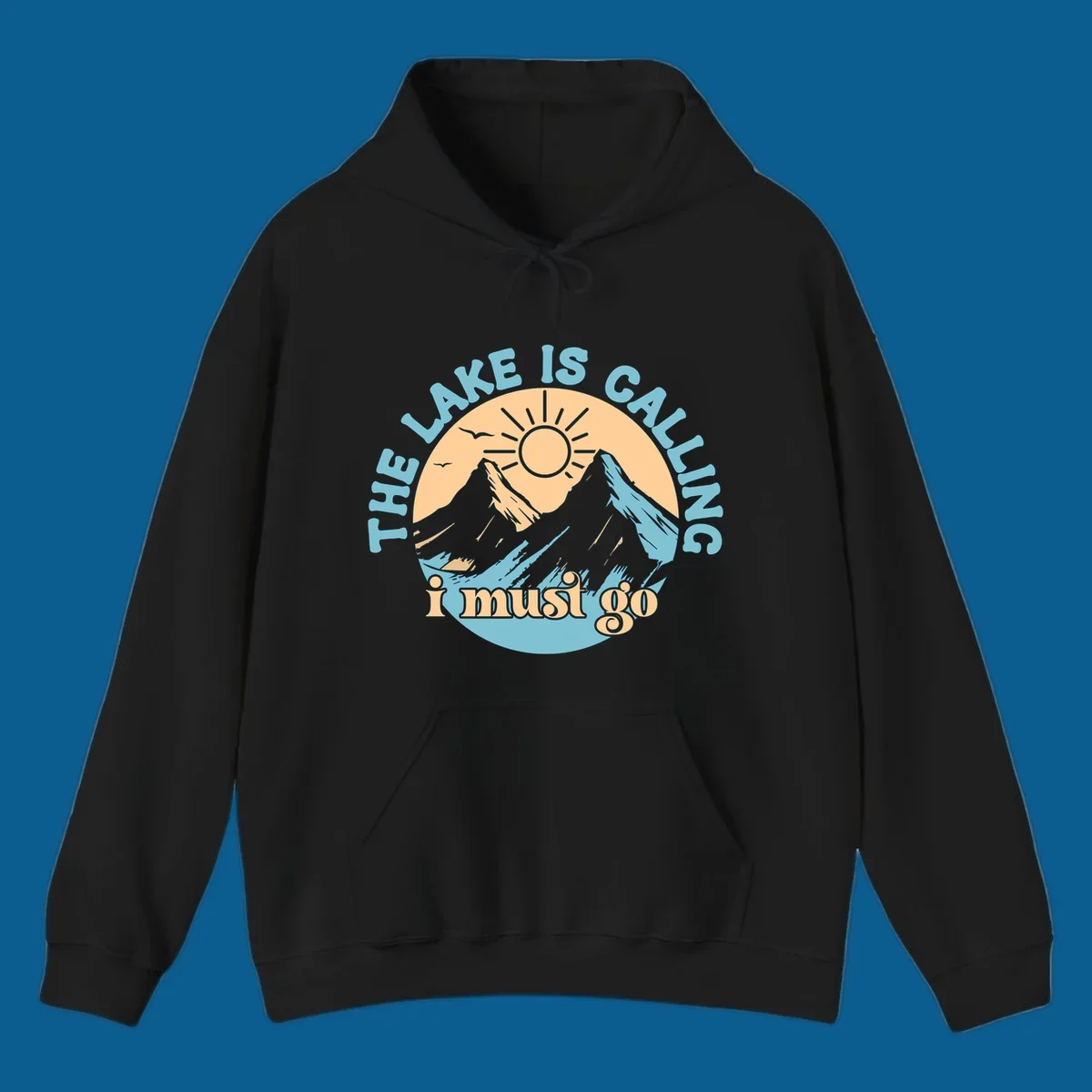The lake is calling mountains graphic with text