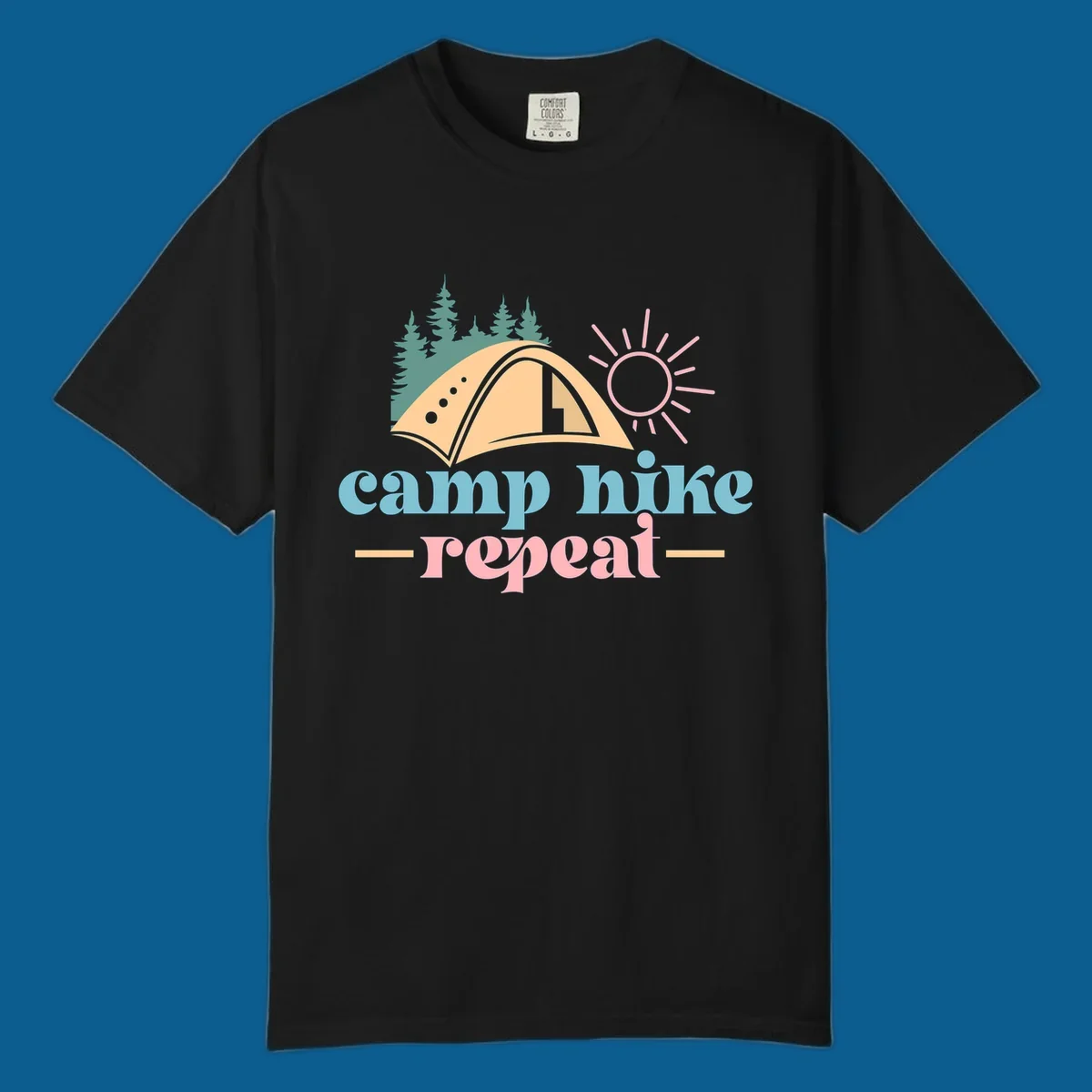 Camp hike repeat graphic with tent, trees, and sun.