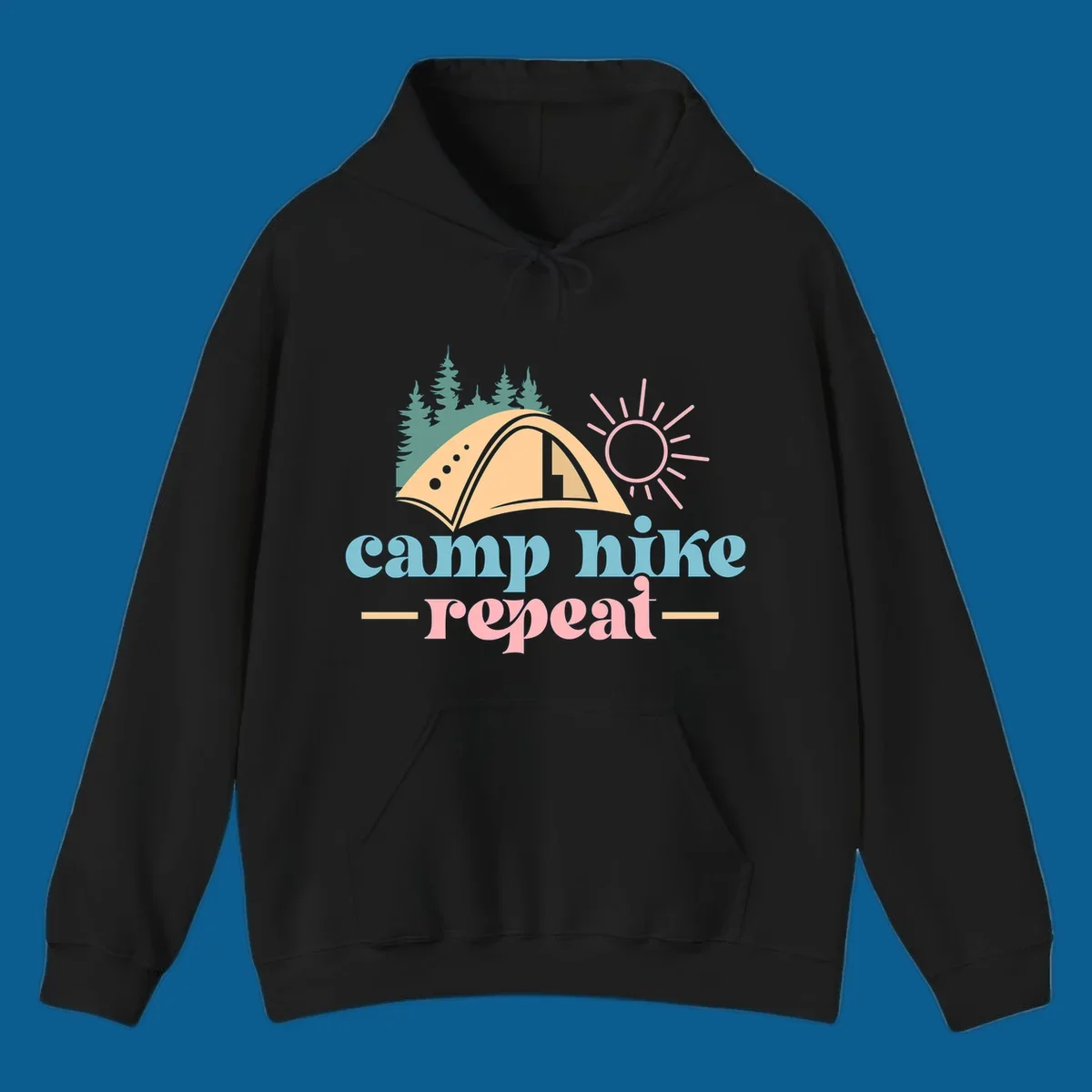 Camp hike repeat graphic with tent, trees, and sun.