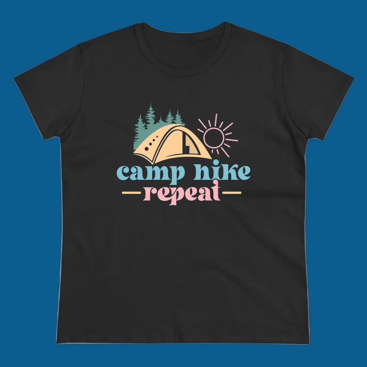 Camp hike repeat graphic with tent, trees, and sun.