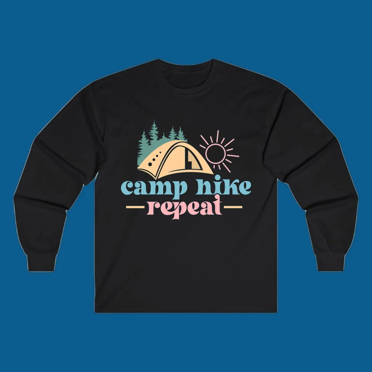 Camp hike repeat graphic with tent, trees, and sun.