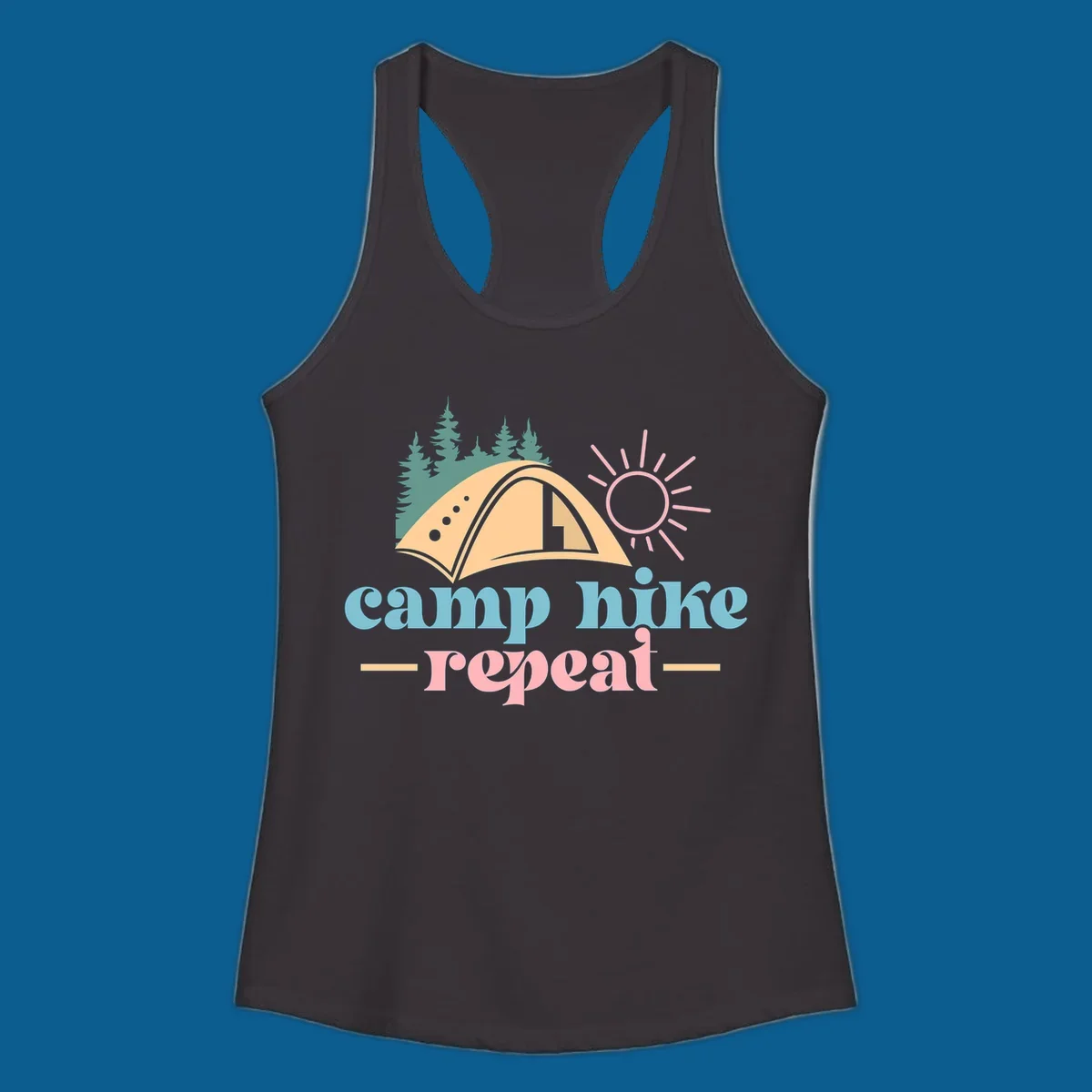 Camp hike repeat graphic with tent, trees, and sun.