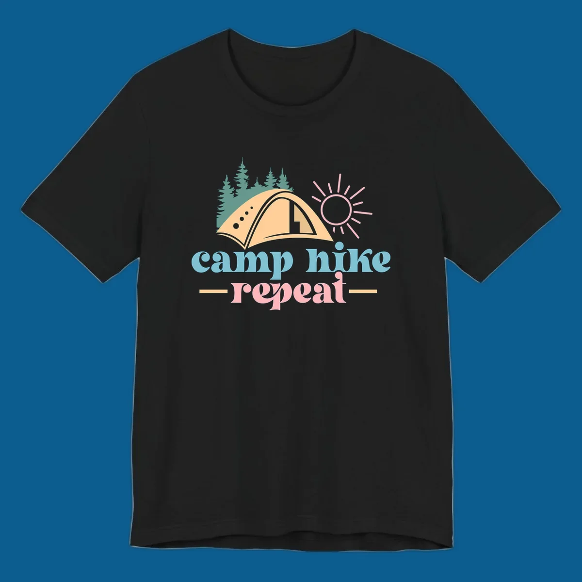 Camp hike repeat graphic with tent, trees, and sun.