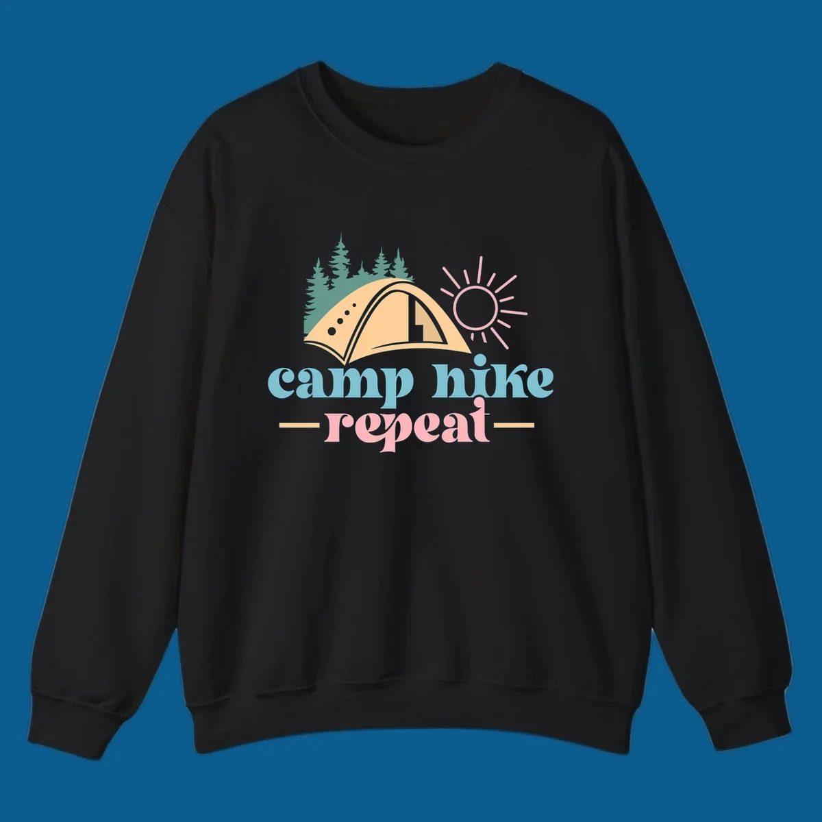Camp hike repeat graphic with tent, trees, and sun.