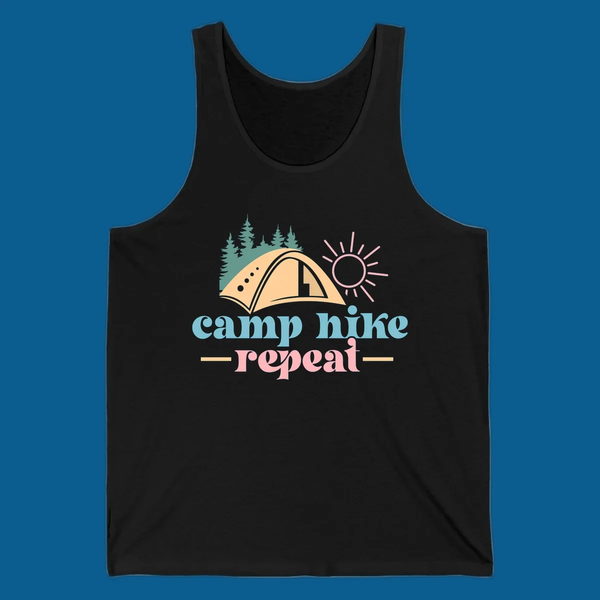 Camp hike repeat graphic with tent, trees, and sun.