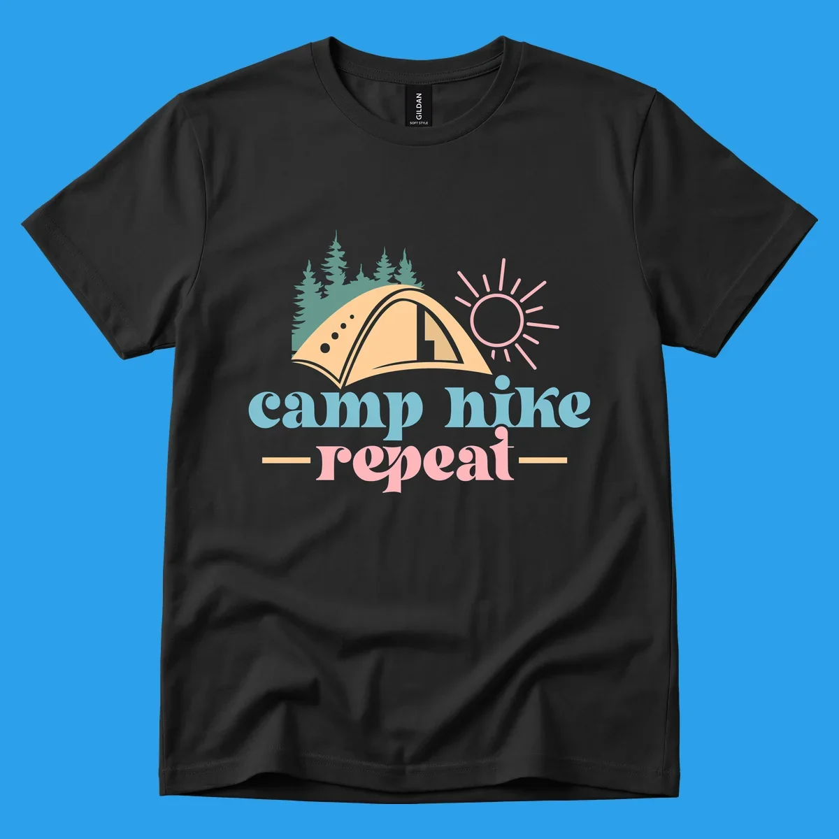 Camp hike repeat graphic with tent, trees, and sun.