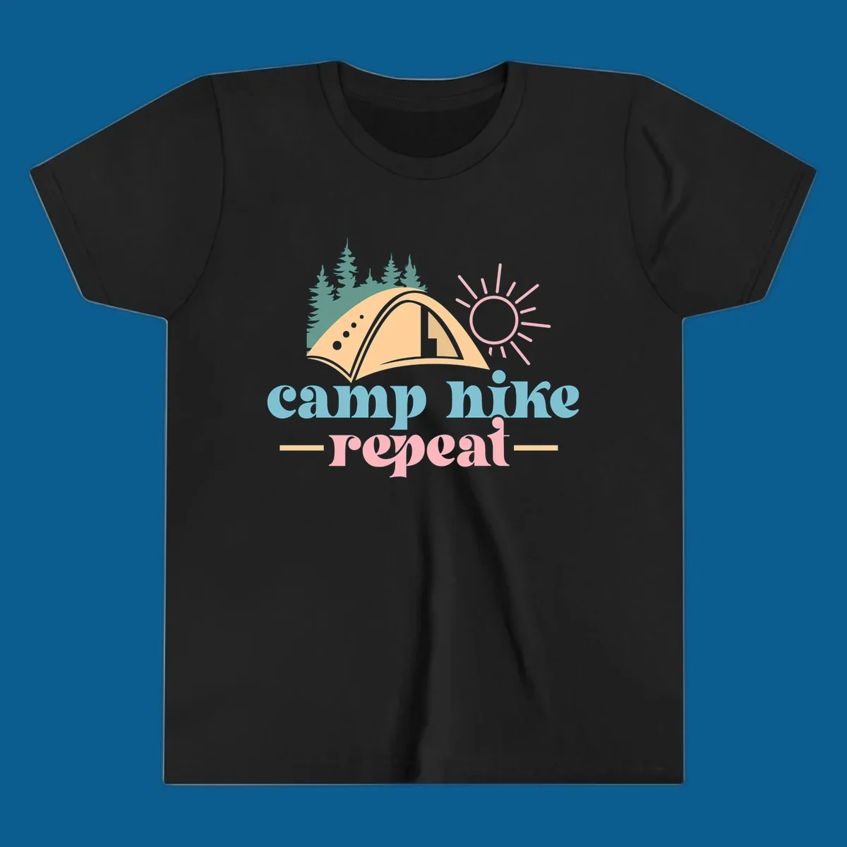 Camp hike repeat graphic with tent, trees, and sun.