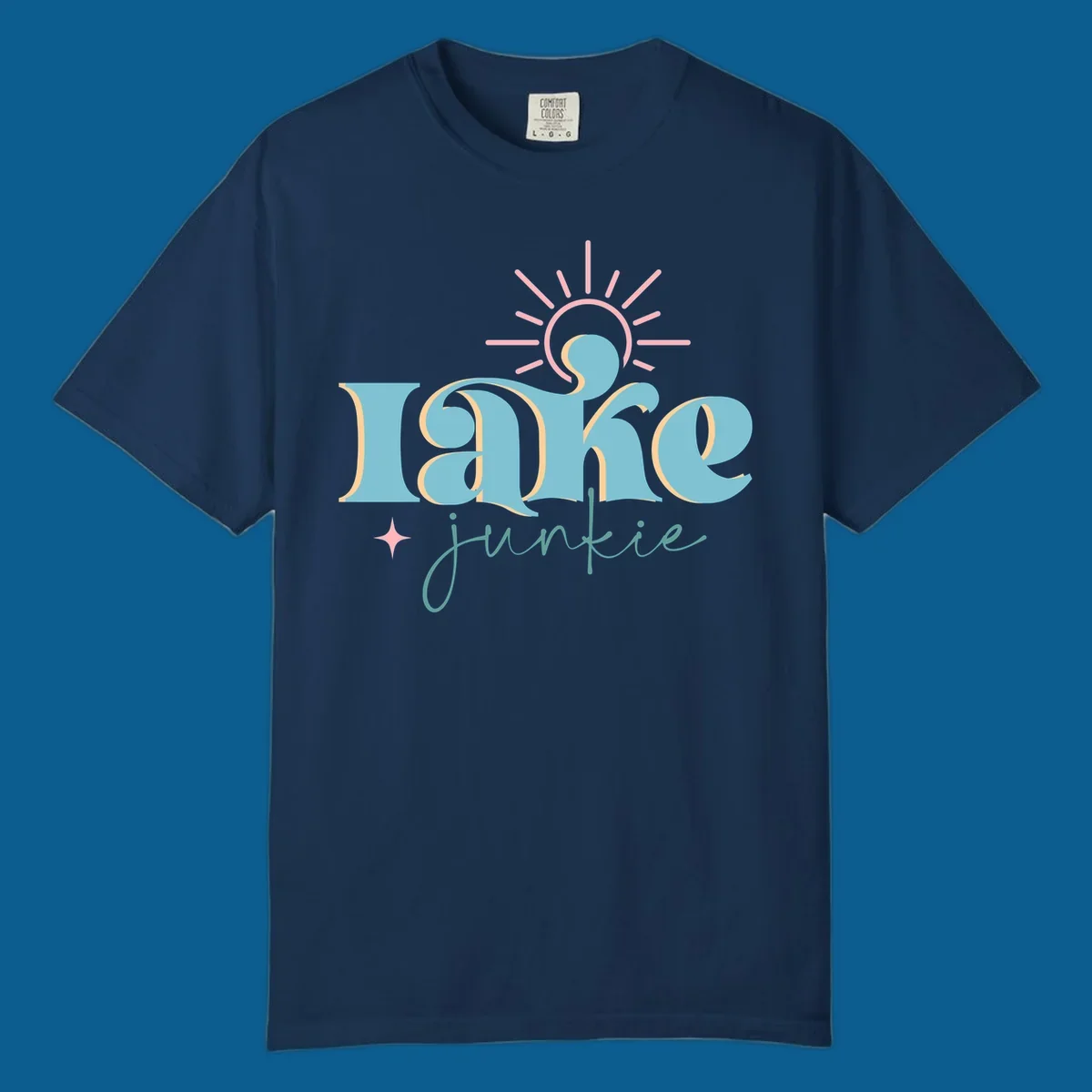 Retro typography design featuring 'lake junkie' with sun and starburst elements, for the lake-junkie-retro concept.