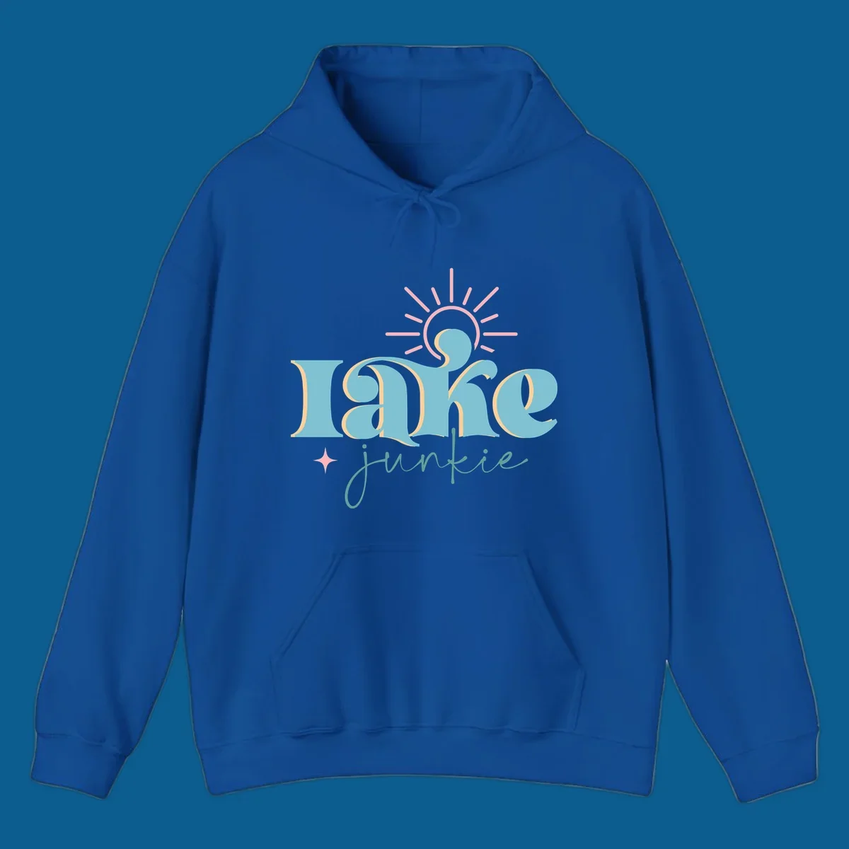 Retro typography design featuring 'lake junkie' with sun and starburst elements, for the lake-junkie-retro concept.