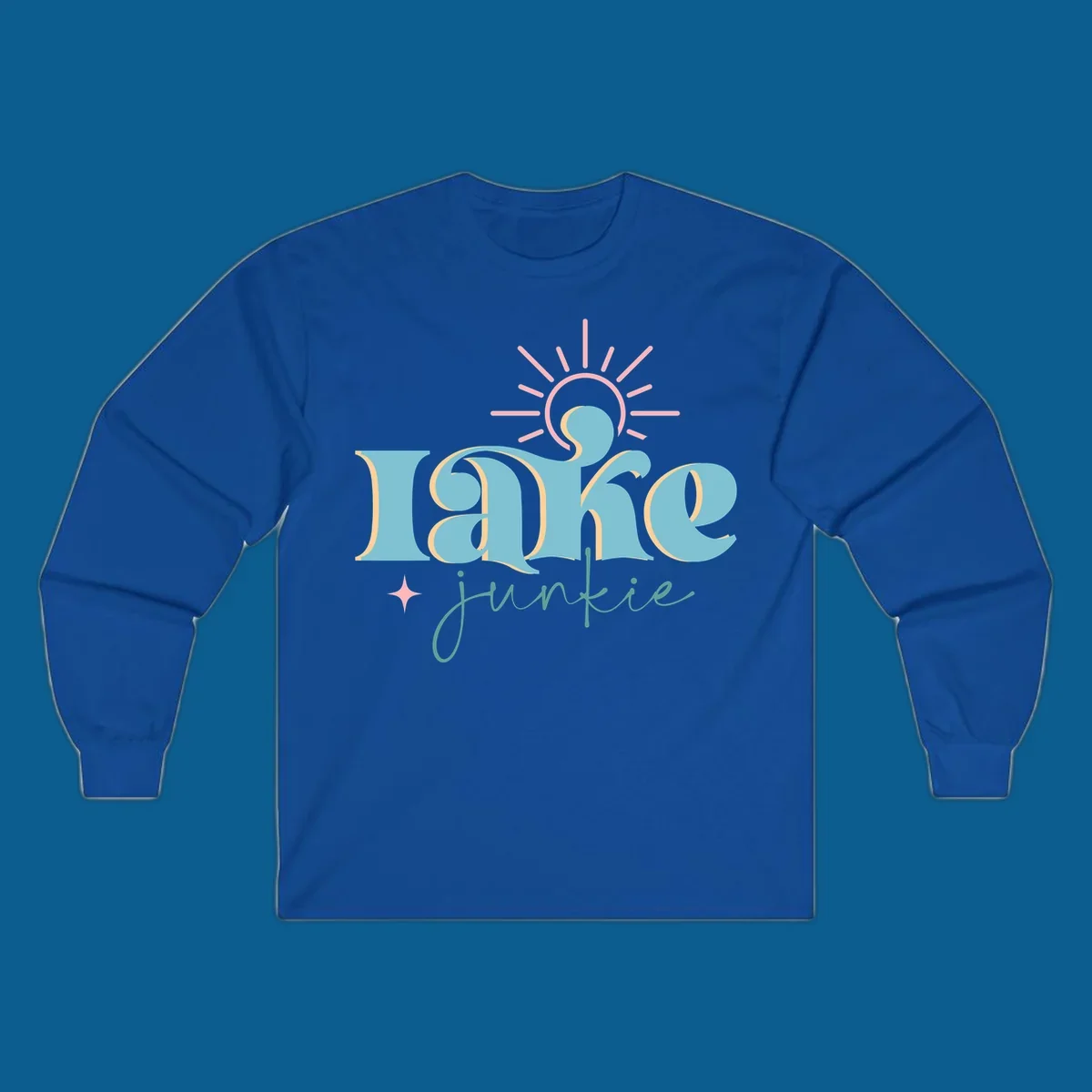 Retro typography design featuring 'lake junkie' with sun and starburst elements, for the lake-junkie-retro concept.