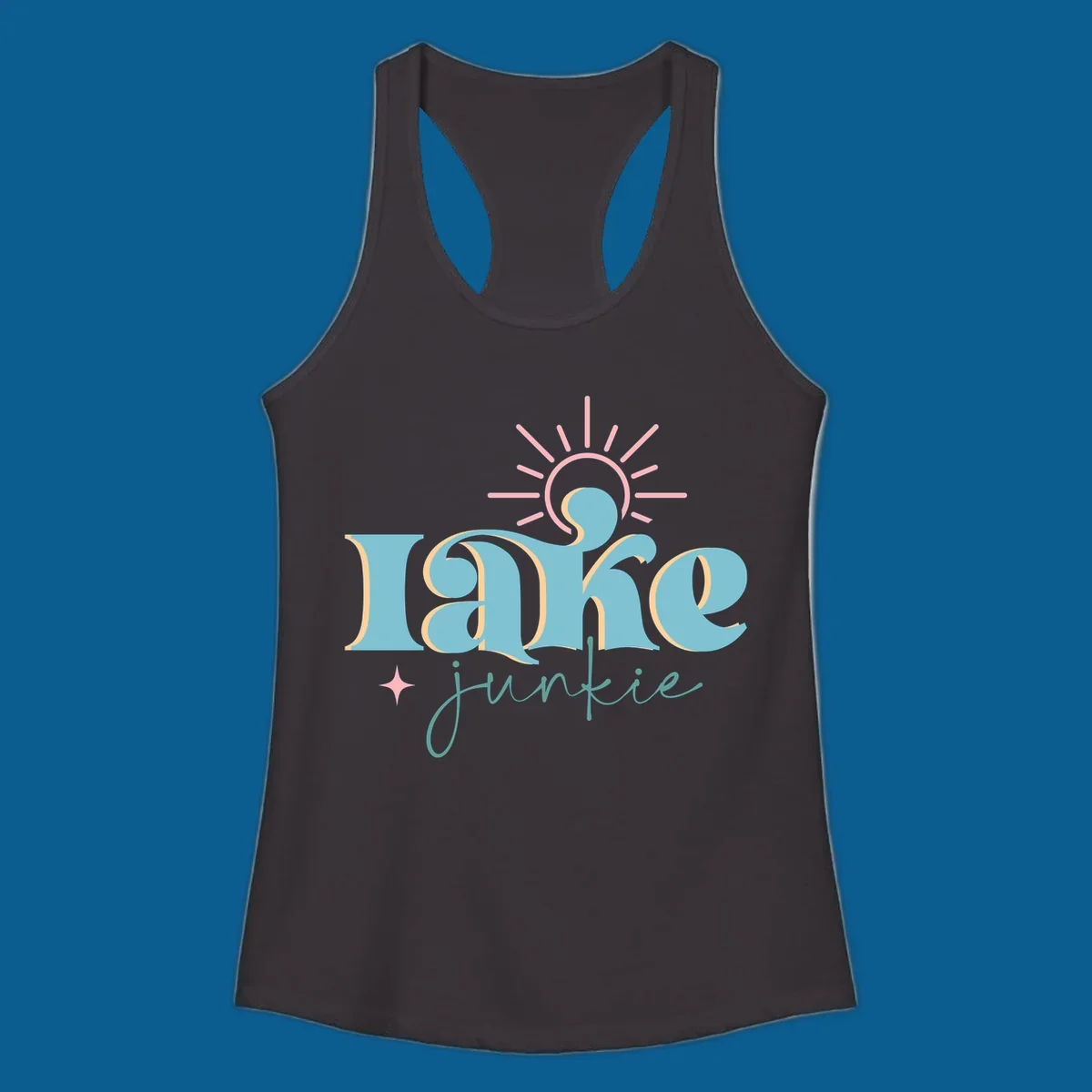 Retro typography design featuring 'lake junkie' with sun and starburst elements, for the lake-junkie-retro concept.