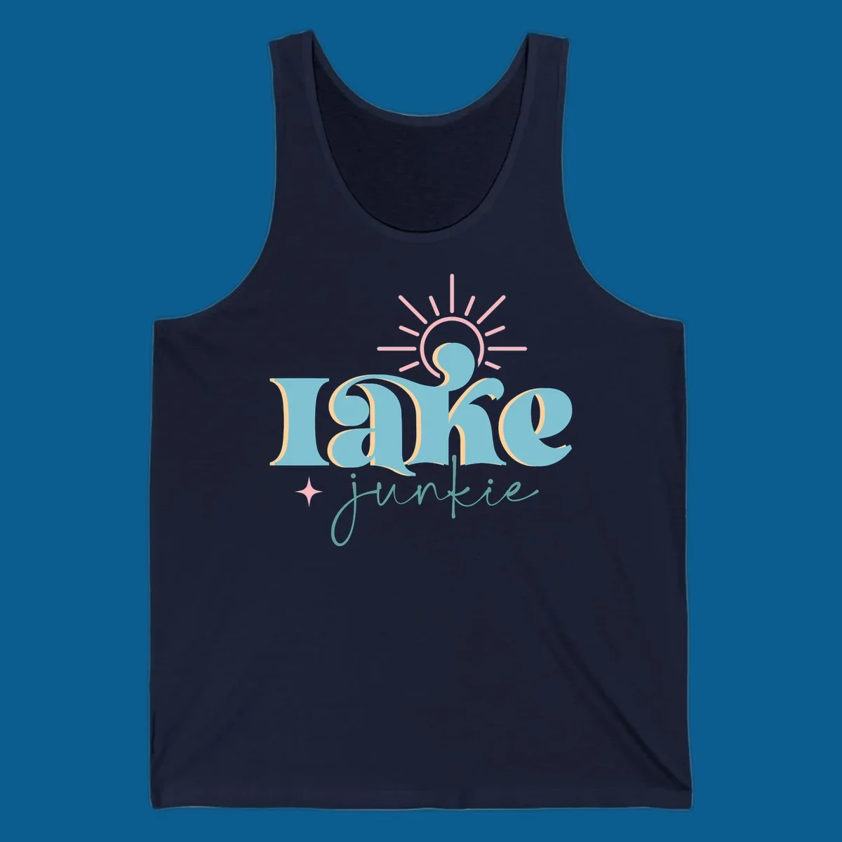 Retro typography design featuring 'lake junkie' with sun and starburst elements, for the lake-junkie-retro concept.